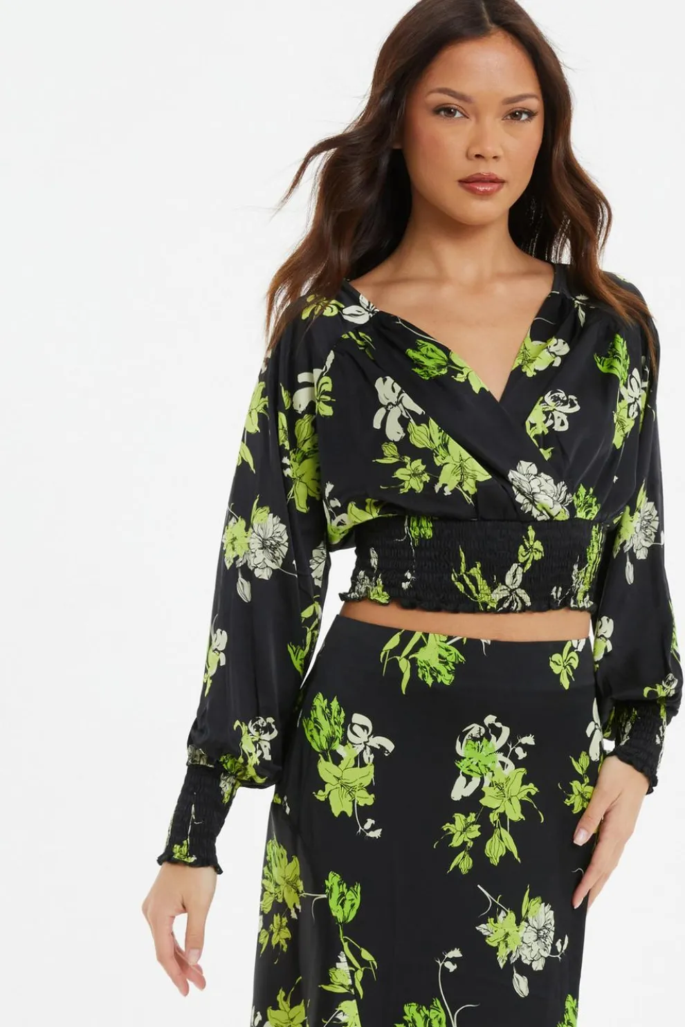 Black Floral Wrap Crop Top