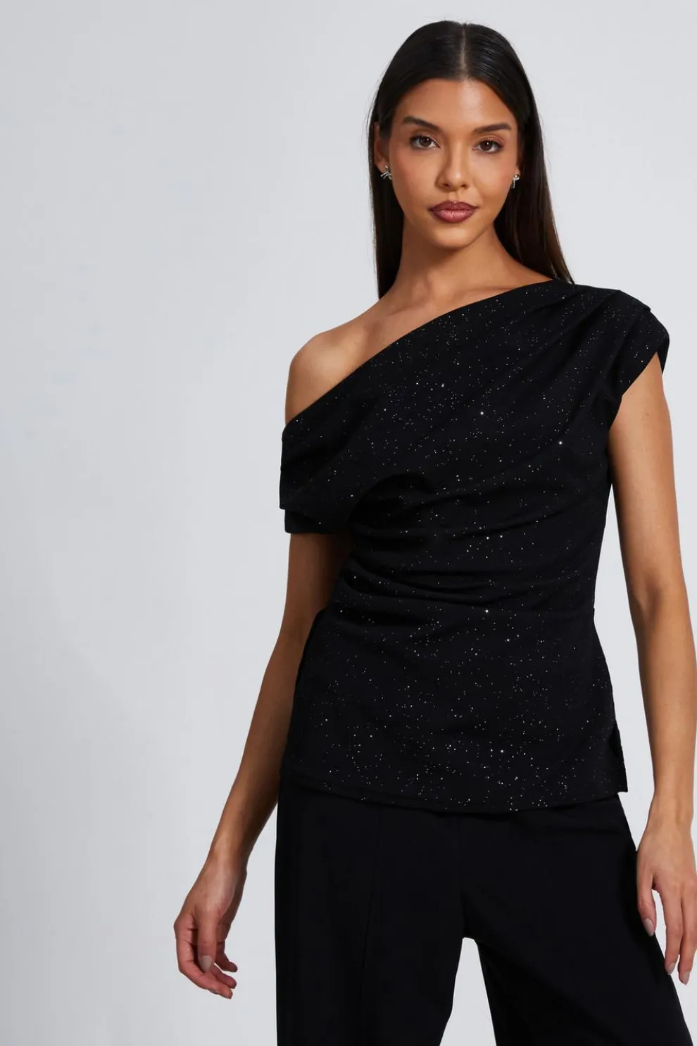 Black Glitter Drape Neck Top