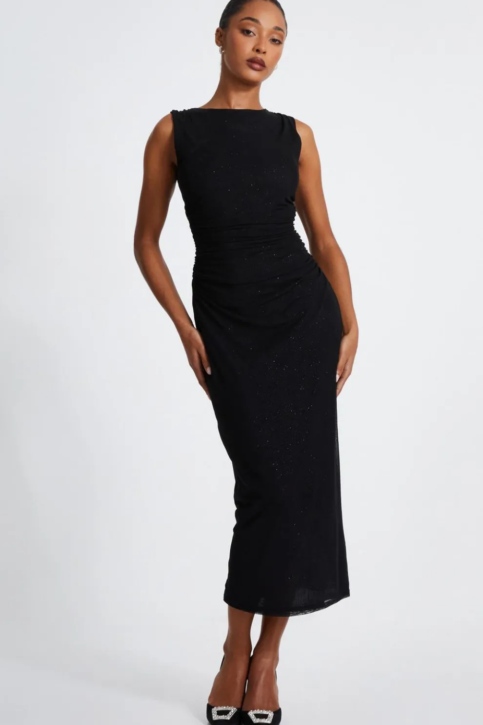 Black Glitter Mesh Midaxi Dress