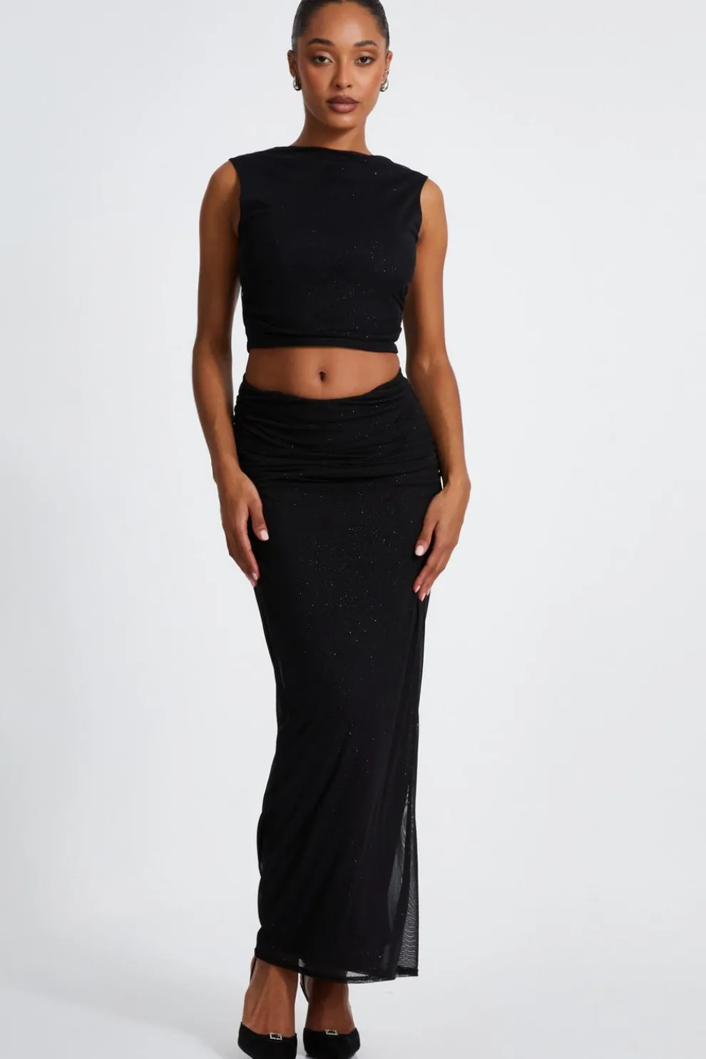 Black Glitter Mesh Midaxi Skirt