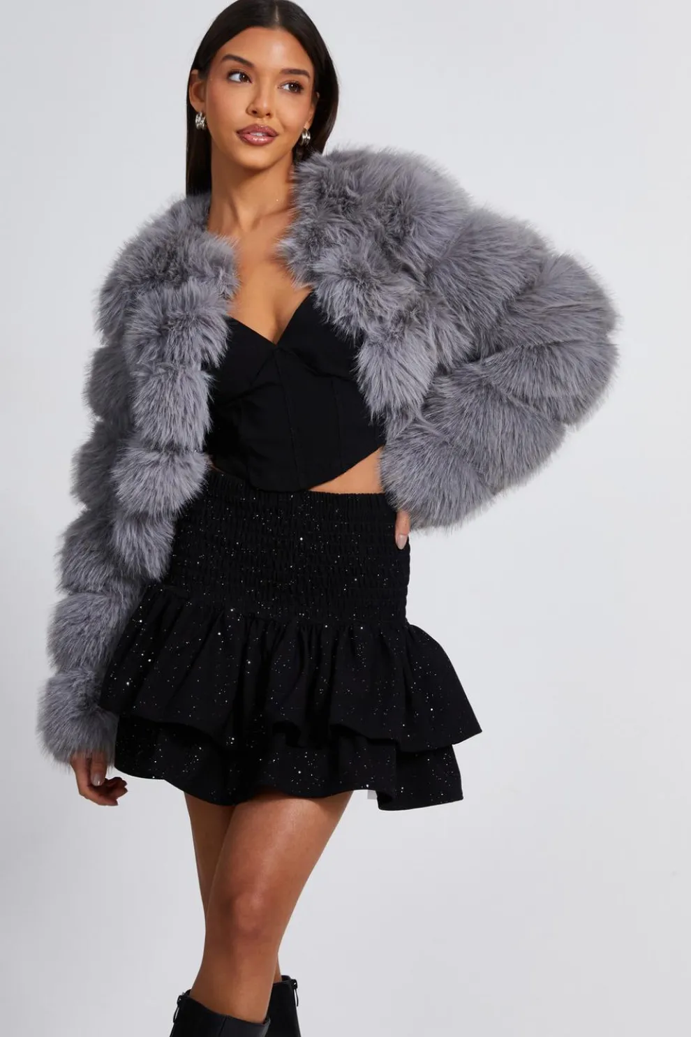 Black Glitter Shirred Waist Skirt