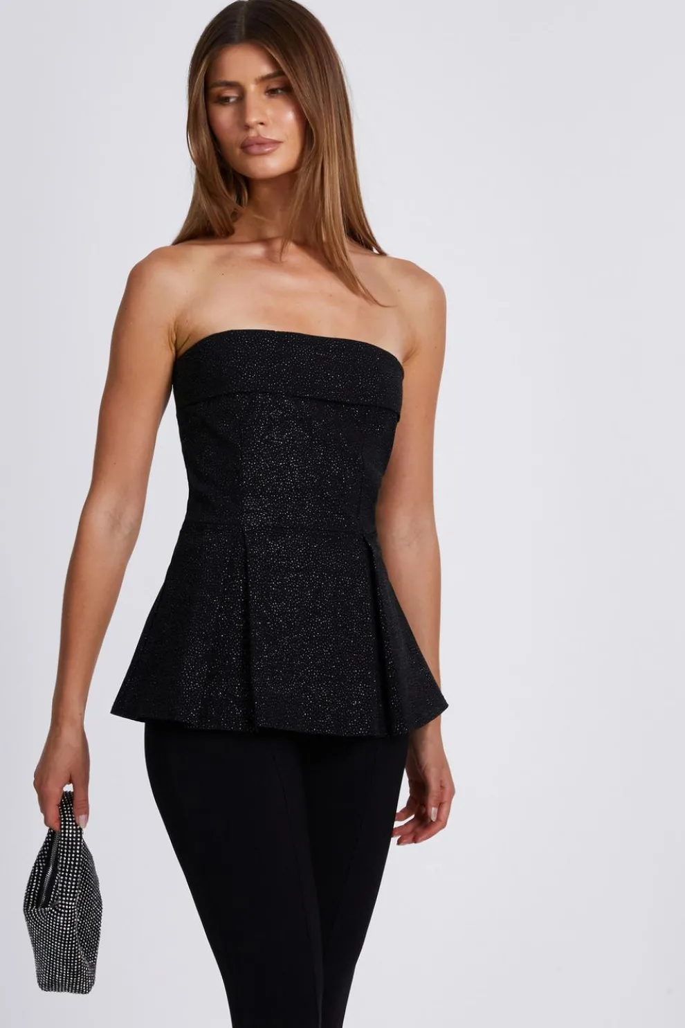 Black Glitter Strapless Peplum Top