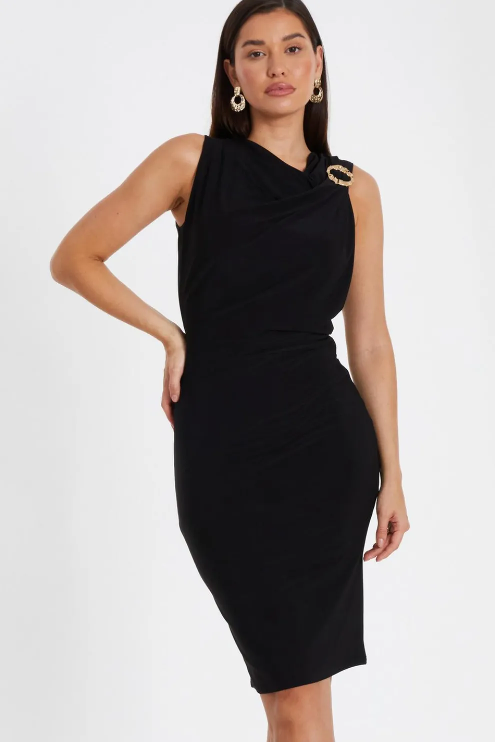 Black Gold Buckle Detail Midi Dress