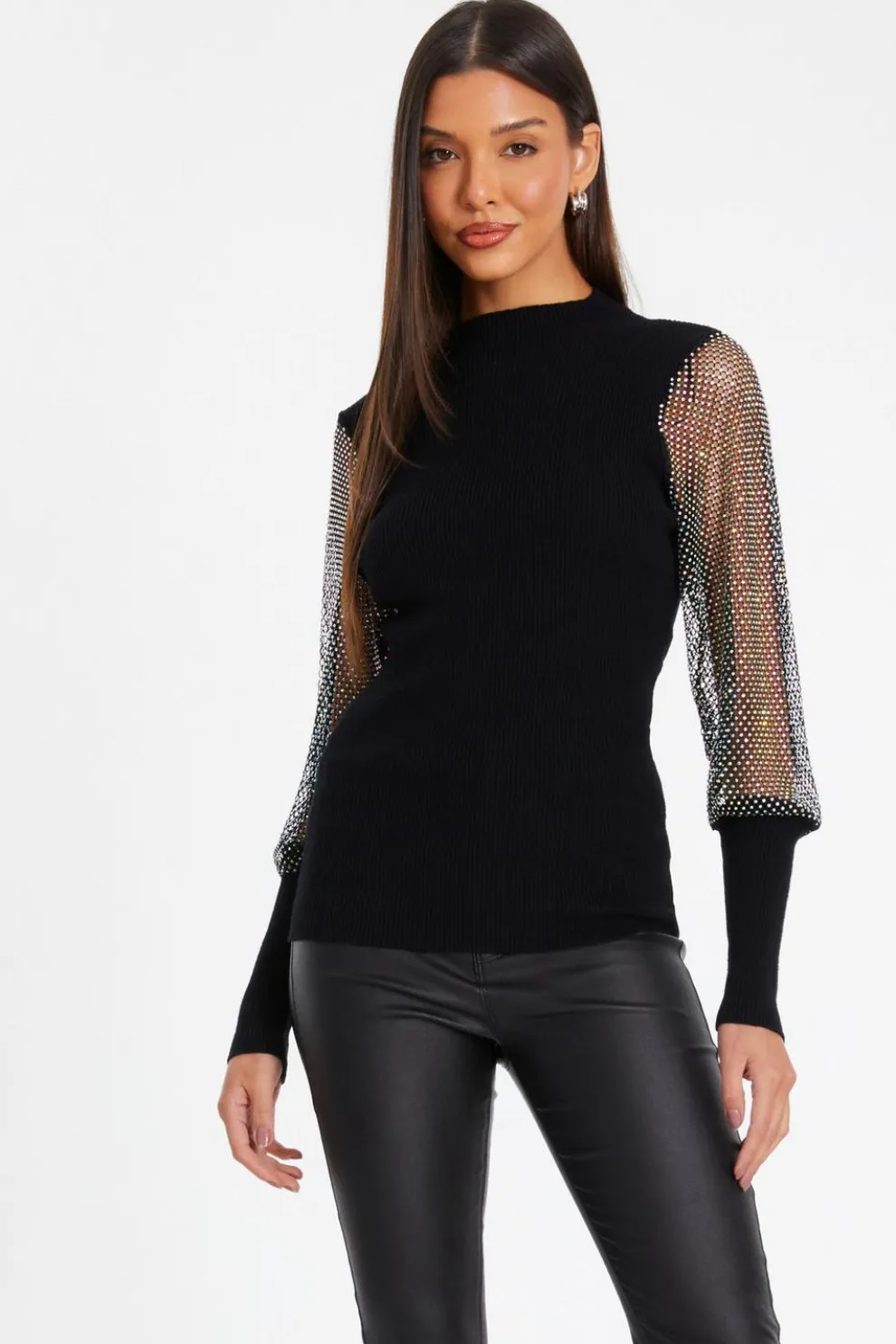Black Knit Diamante Sleeve Jumper