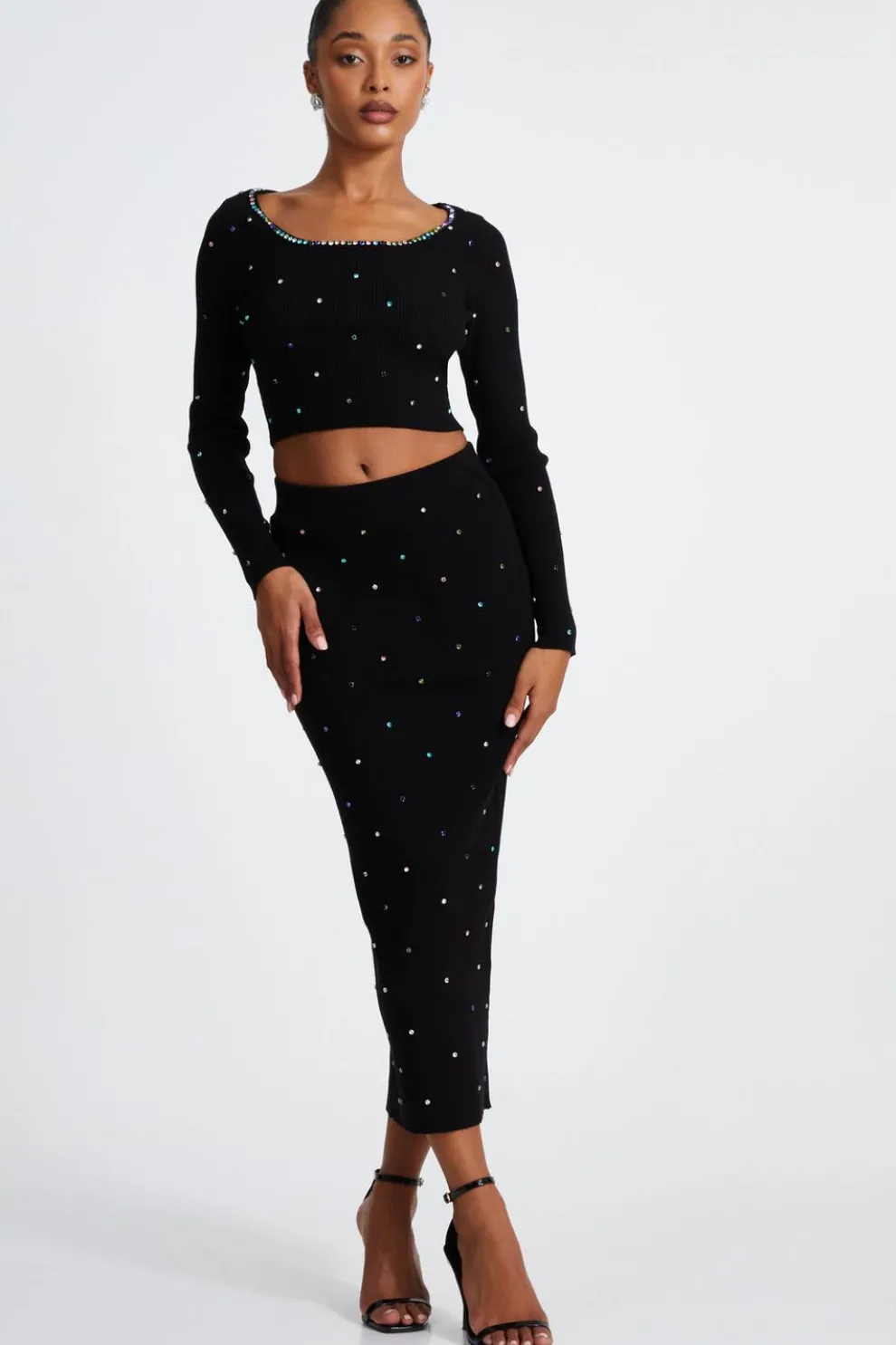 Black Knit Diamante Midi Skirt