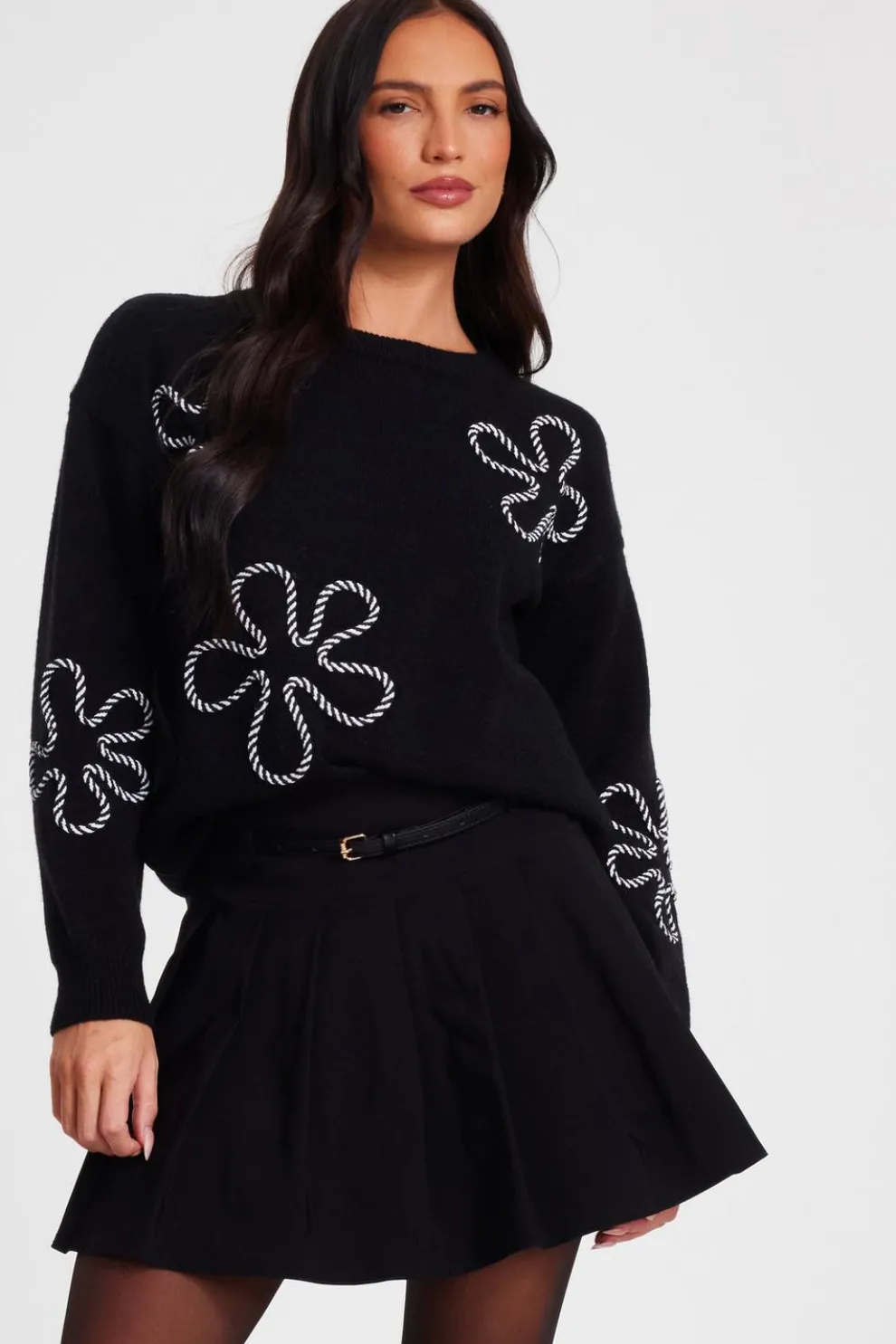 Black Knit Flower Stitch Jumper