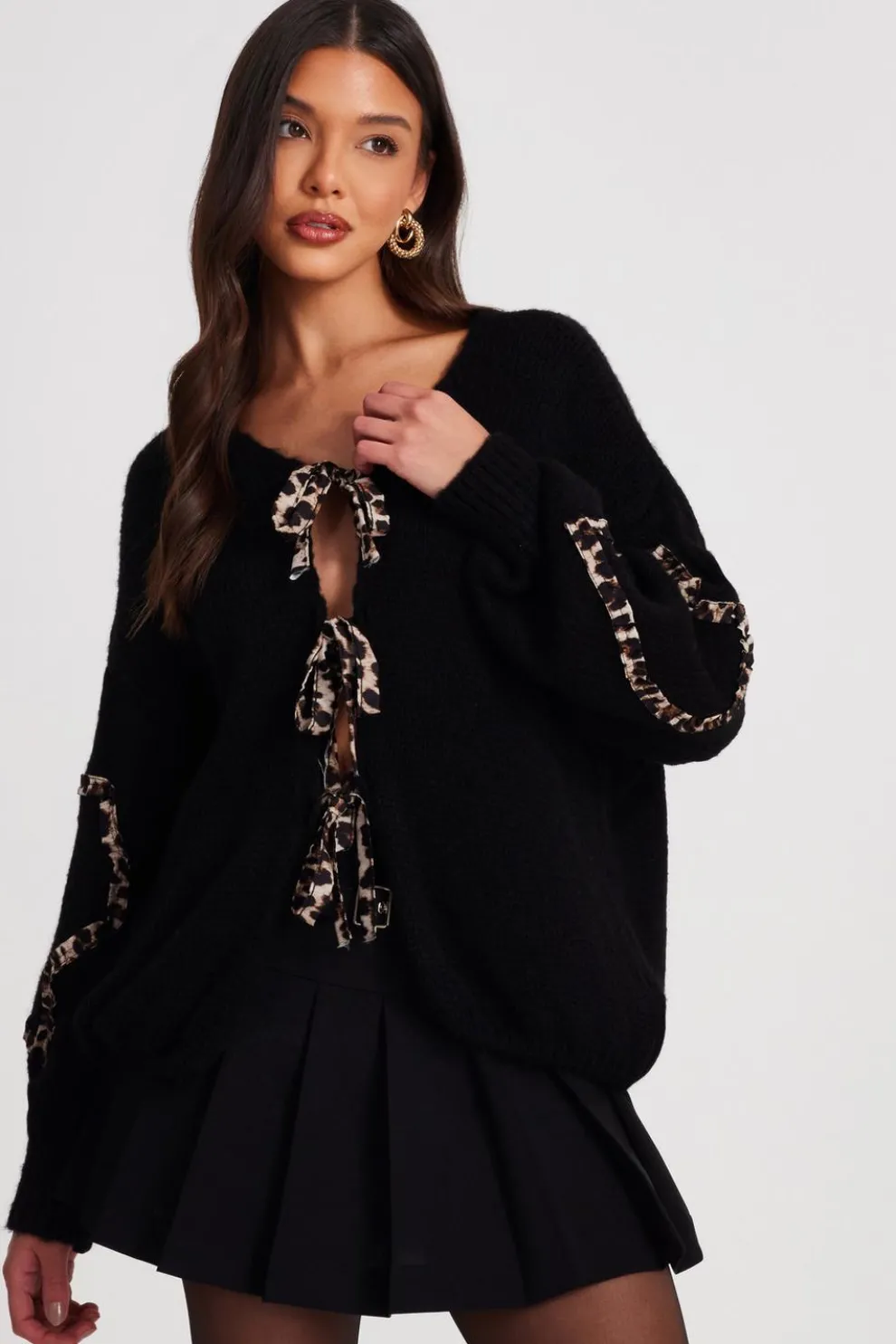 Black Knit Leopard Trim Cardigan