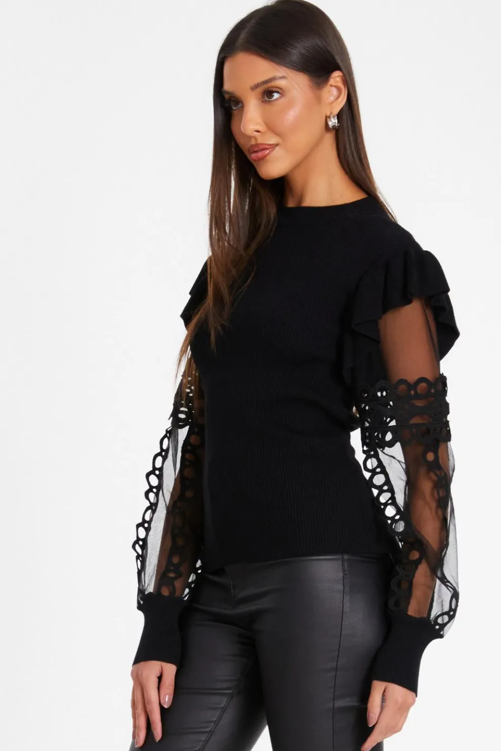 Black Knit Mesh Sleeve Jumper