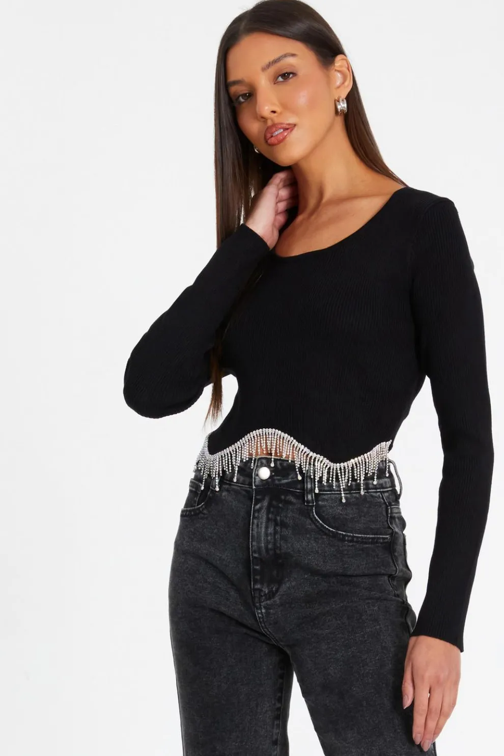 Black Knitted Diamante Crop Top