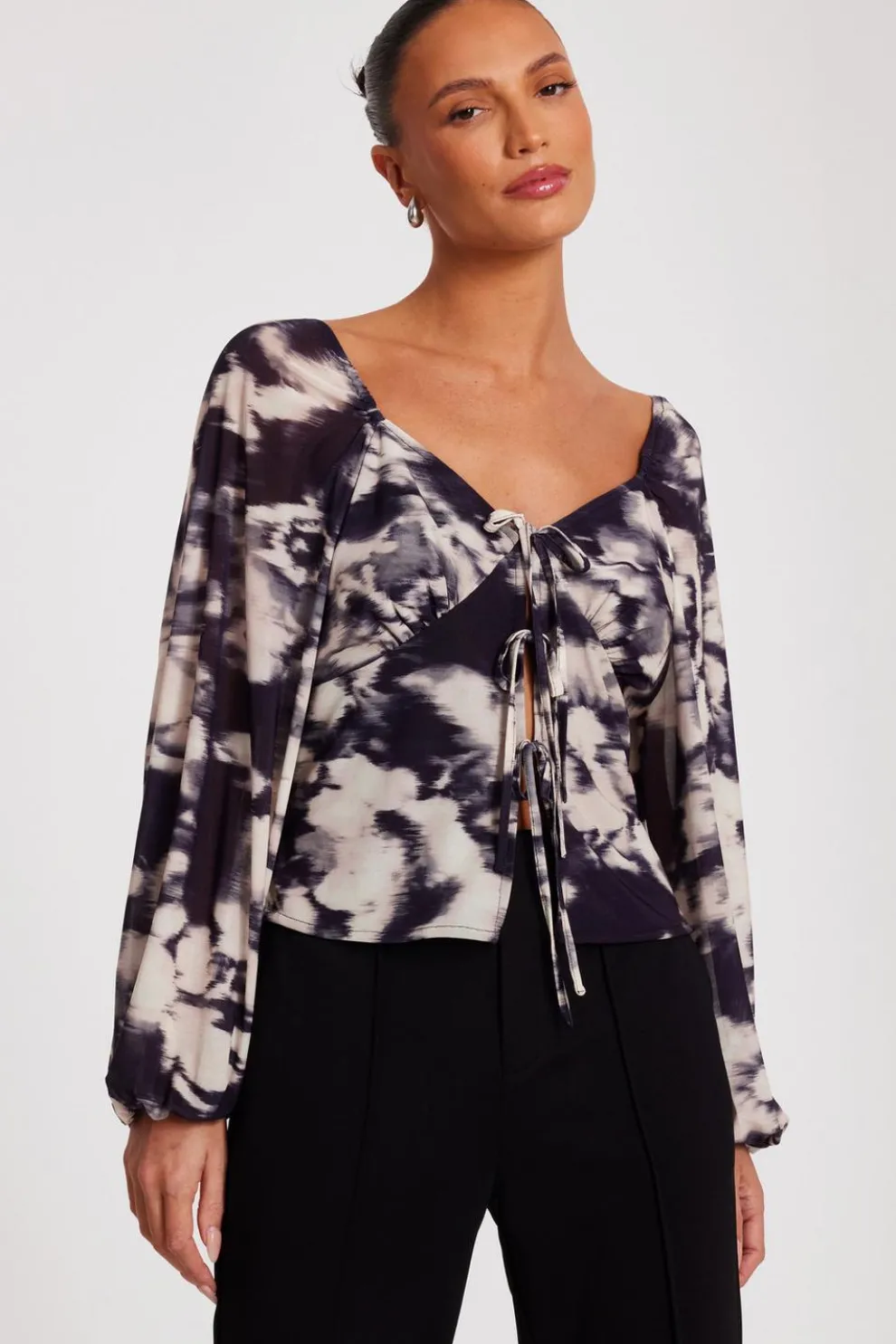 Black Marble Print Tie Front Top