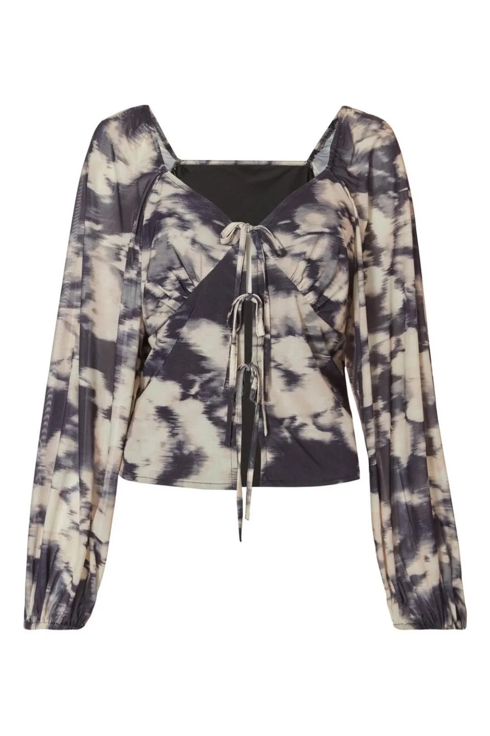 Black Marble Print Tie Front Top