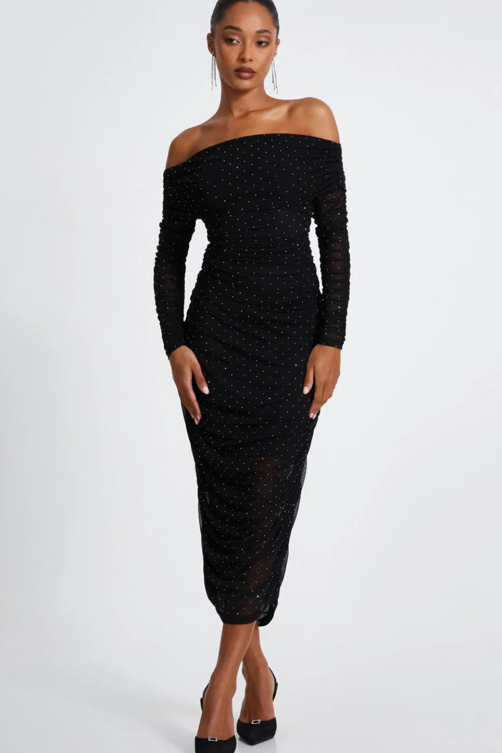 Black Mesh Bardot Midaxi Dress