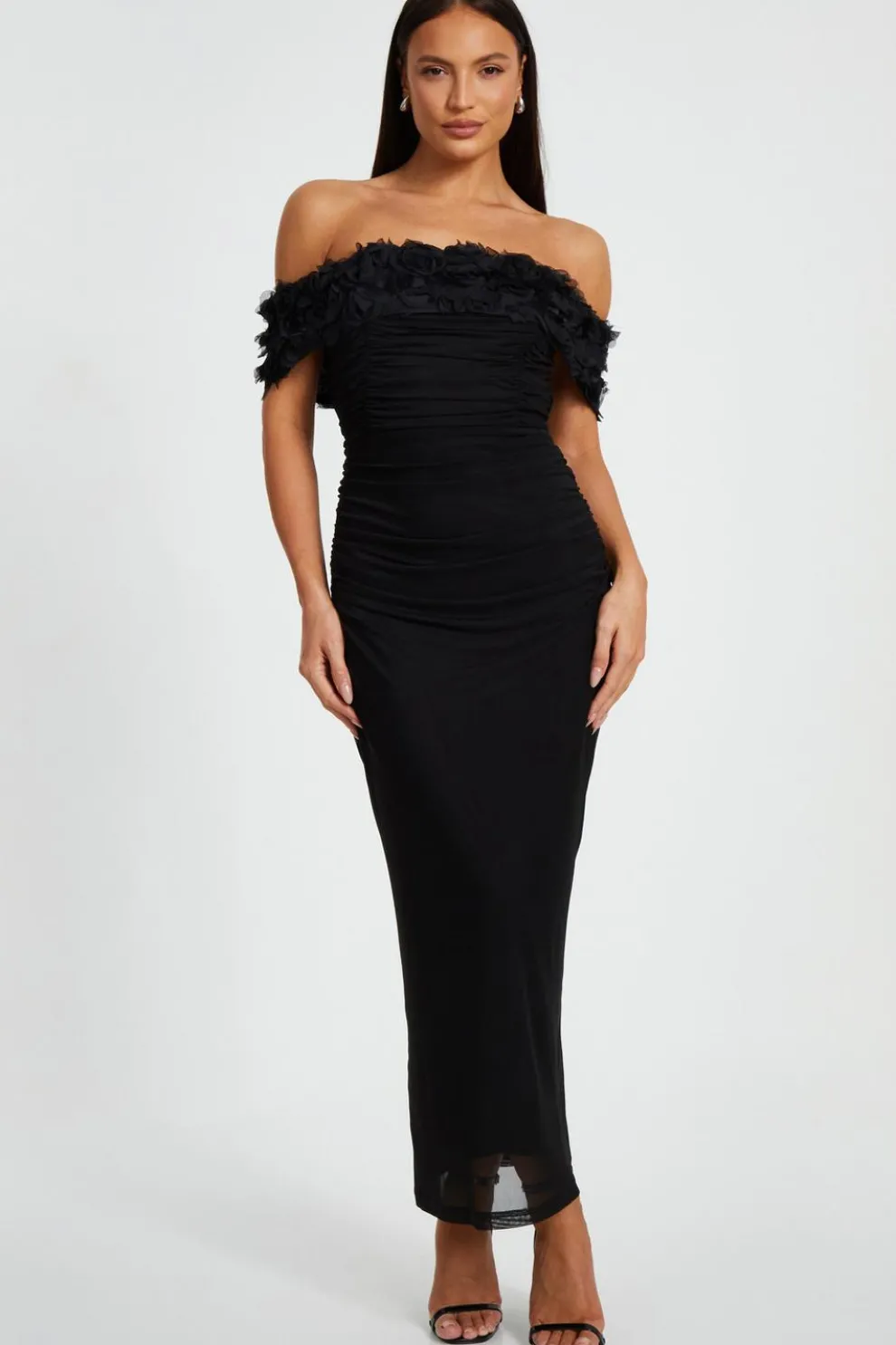 Black Mesh Bardot Midaxi Dress