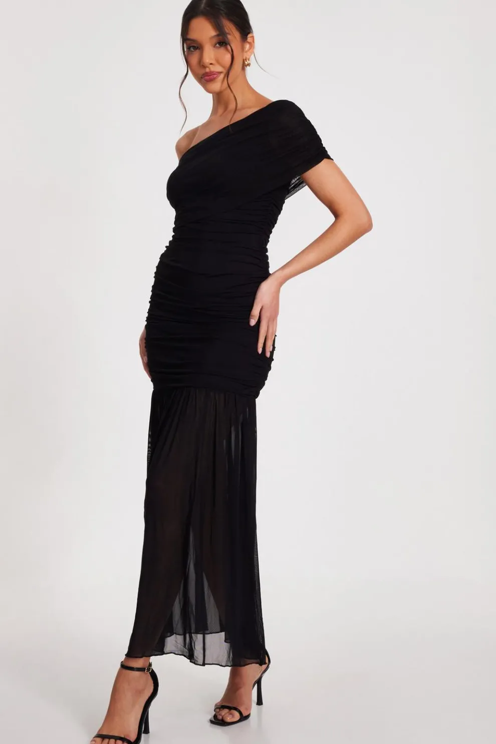 Black Mesh Drop Waist Midaxi Dress