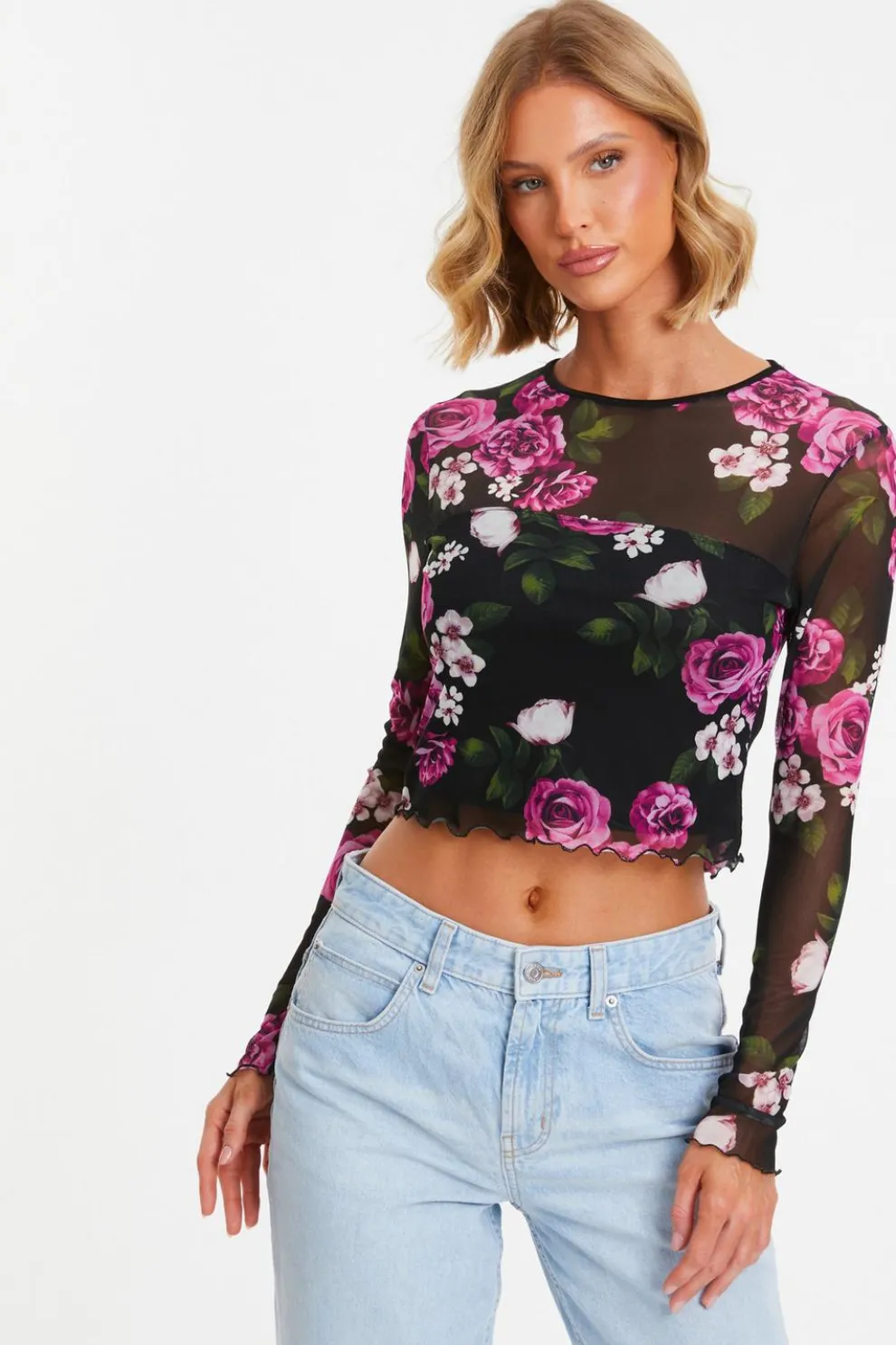 Black Mesh Floral Crop Top