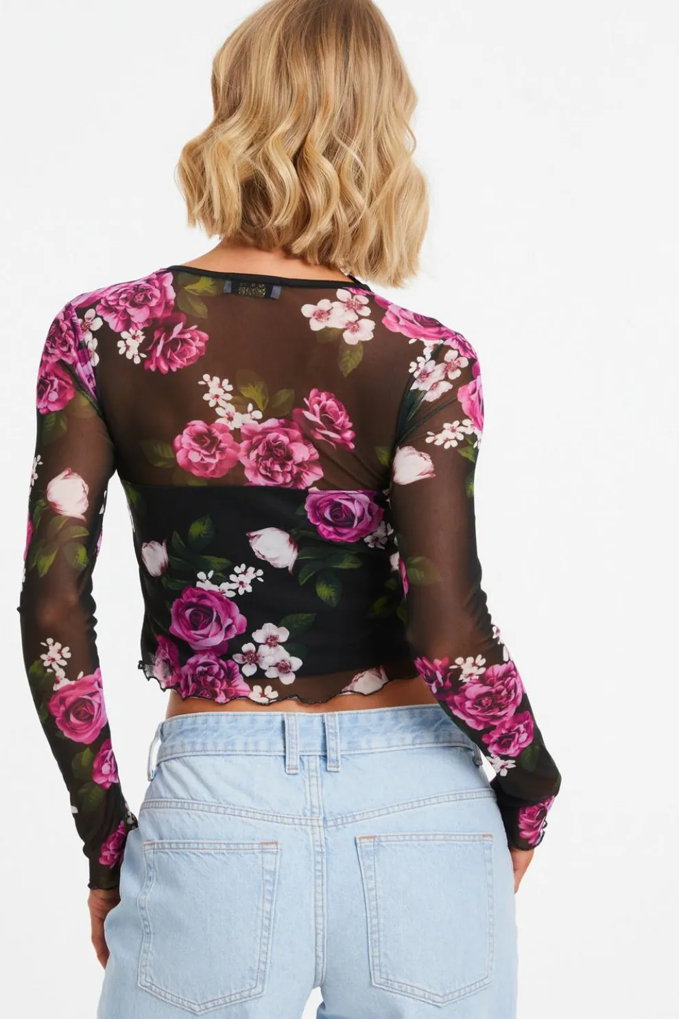 Black Mesh Floral Crop Top