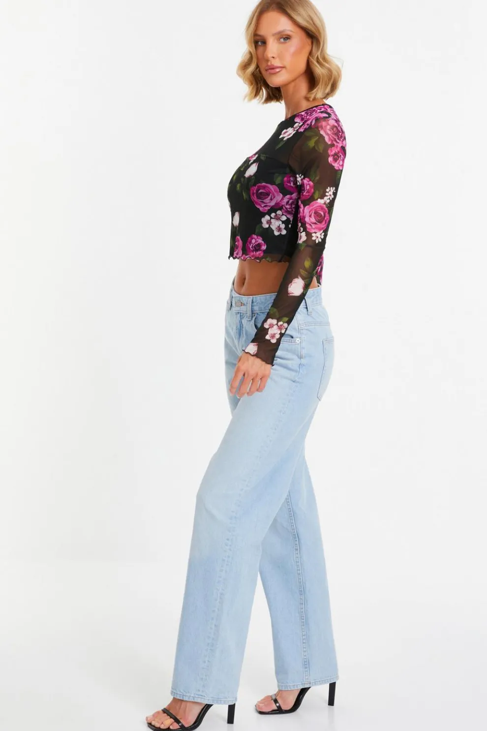 Black Mesh Floral Crop Top