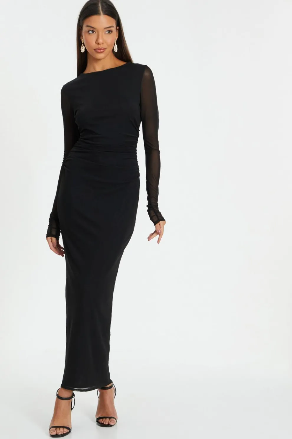 Black Mesh Ruched Midaxi Dress