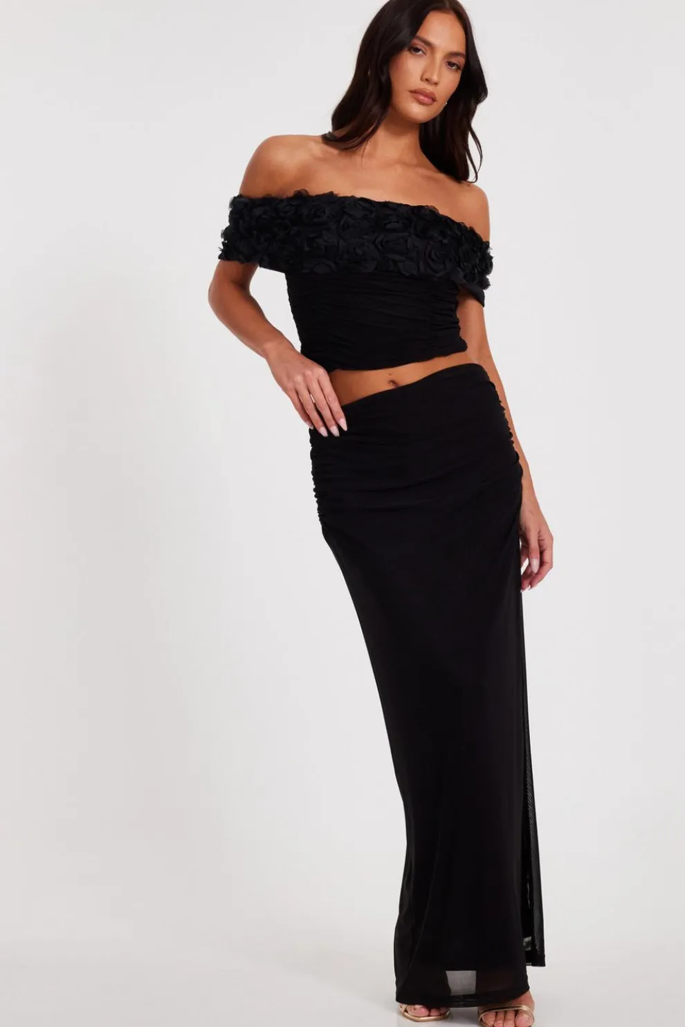 Black Mesh Ruched Midaxi Skirt