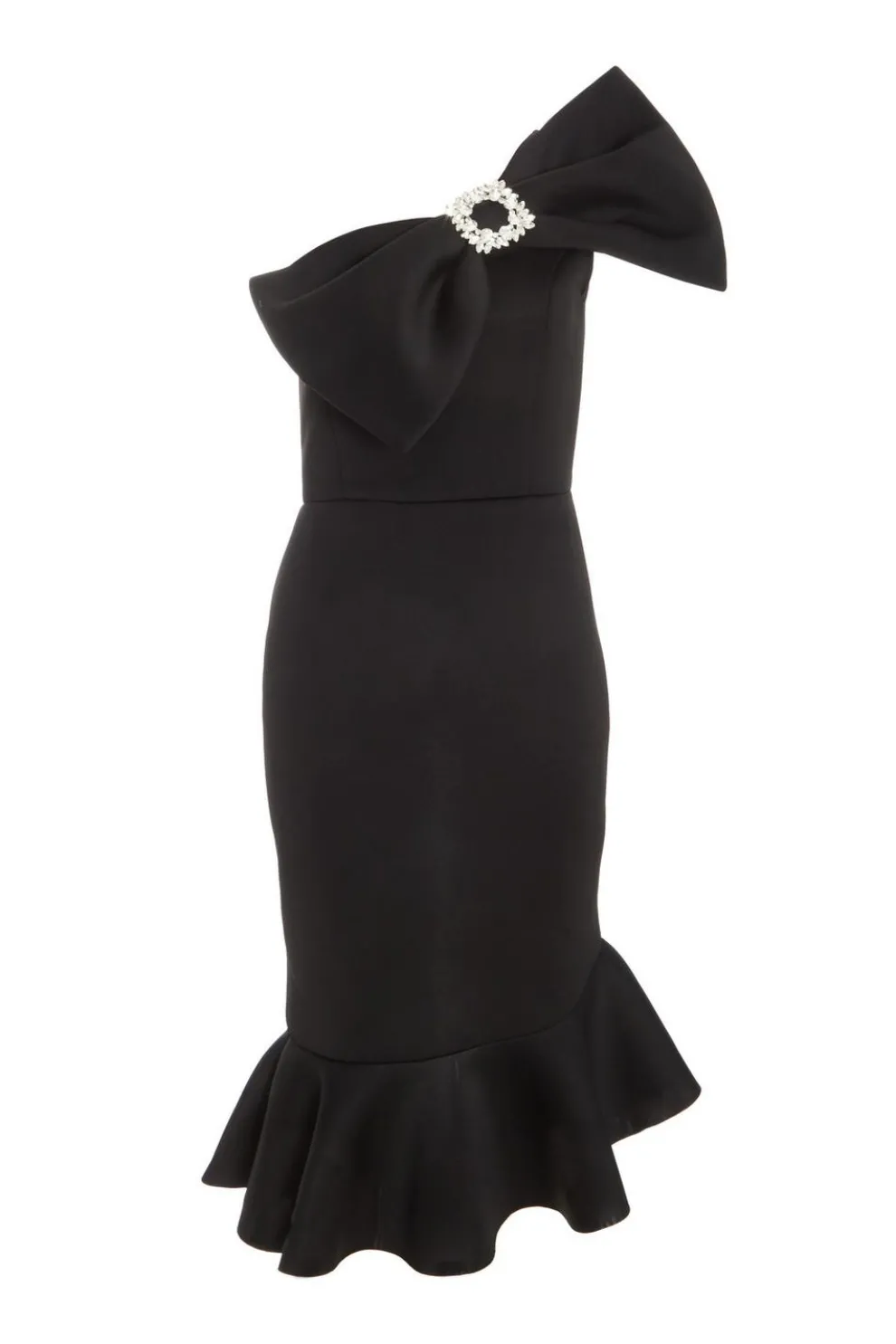 Black One Shoulder Bow Midi Dress