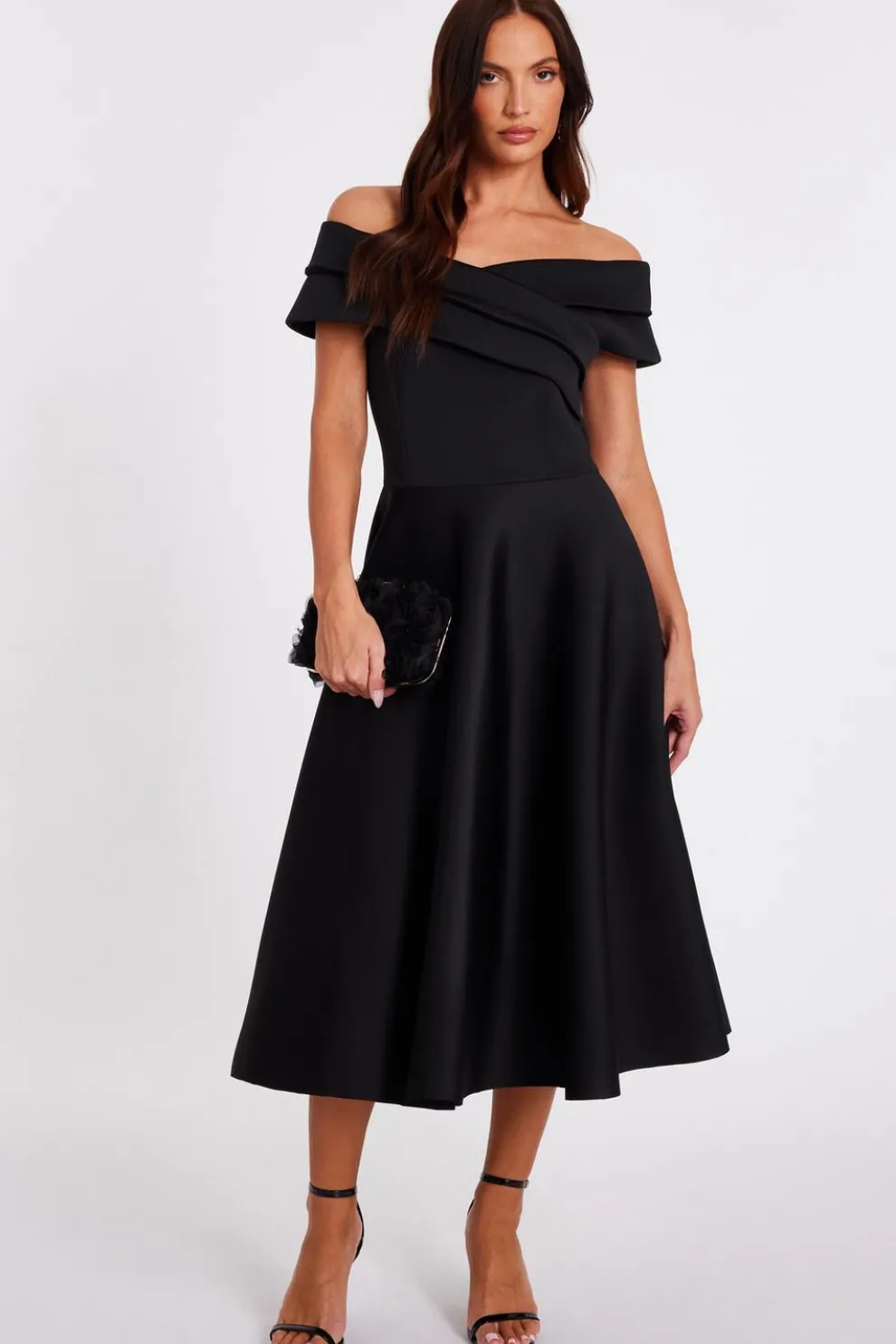Black Pleated Bardot Midaxi Dress