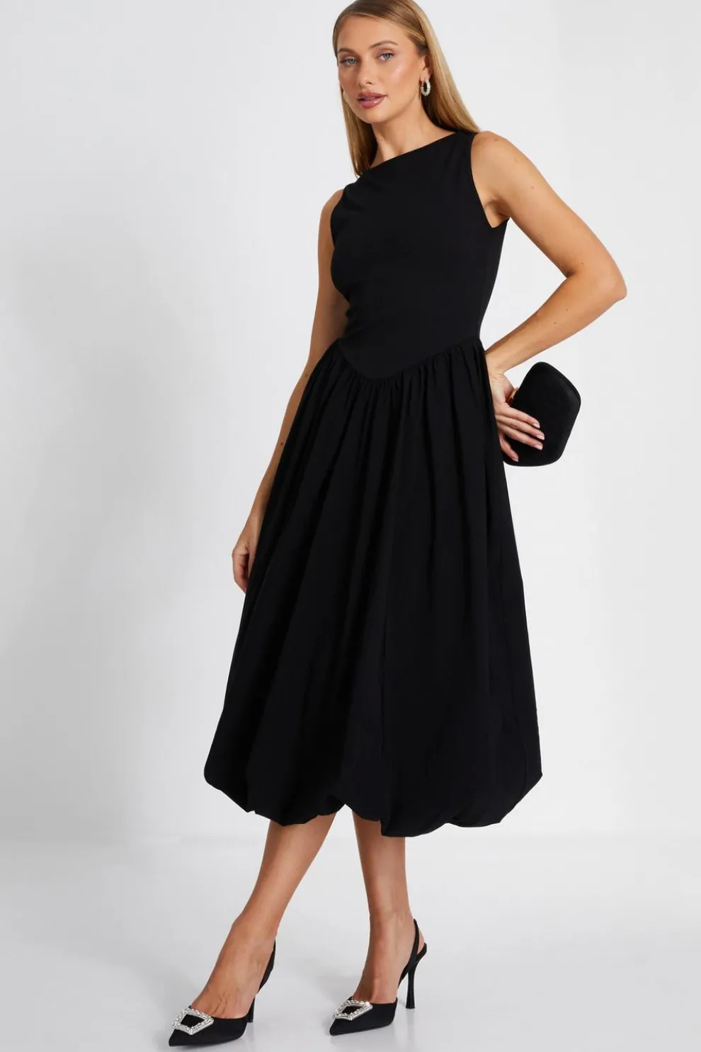 Black Puff Ball Midi Dress