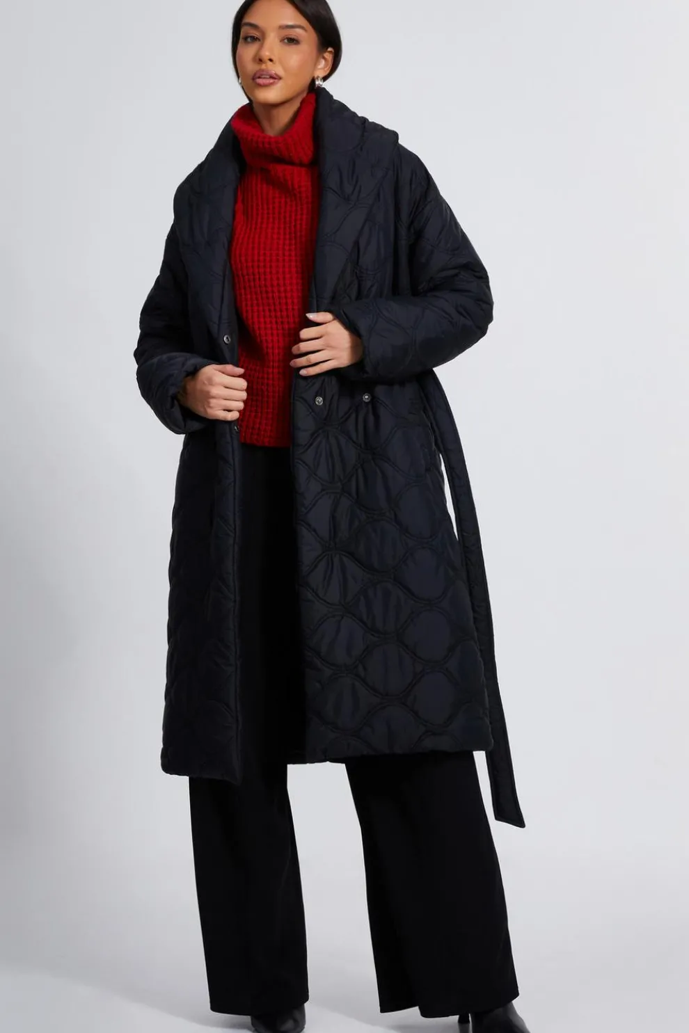 Black Quilted Long Line Coat