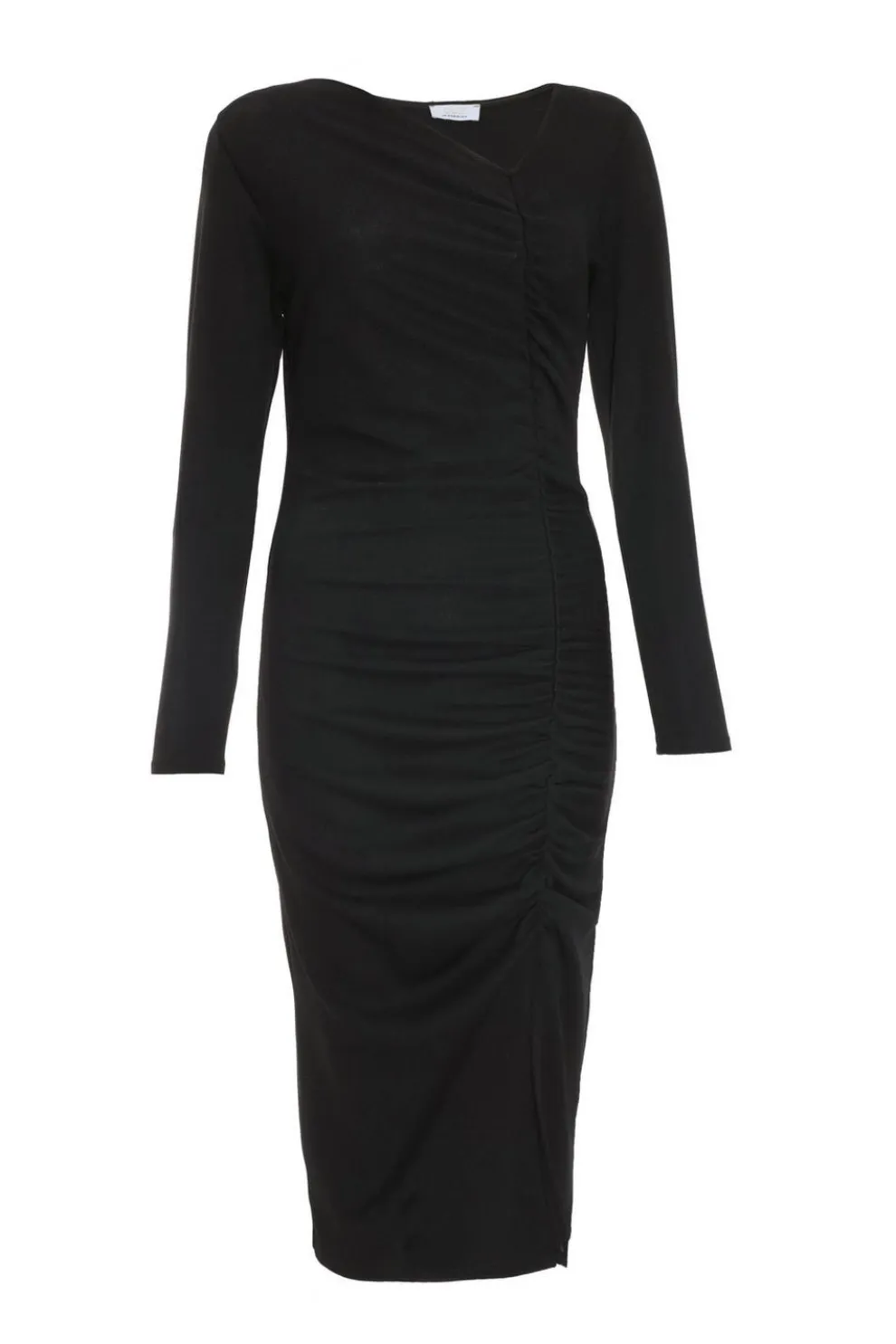 Black Ruched Asymetric Midi Dress