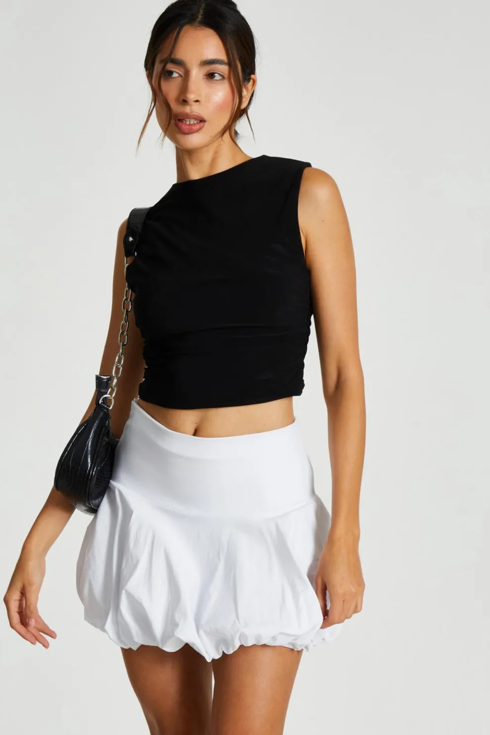 Black Ruched Sleeveless Crop Top