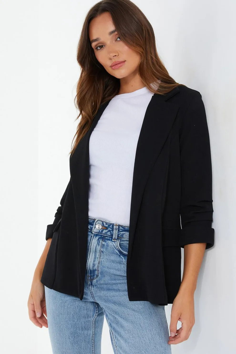 Black Ruched Sleeve Blazer