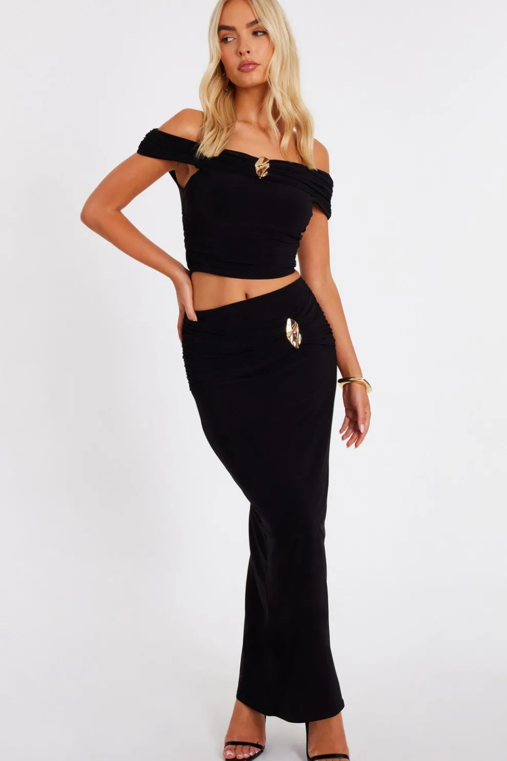 Black Ruched Waist Maxi Skirt