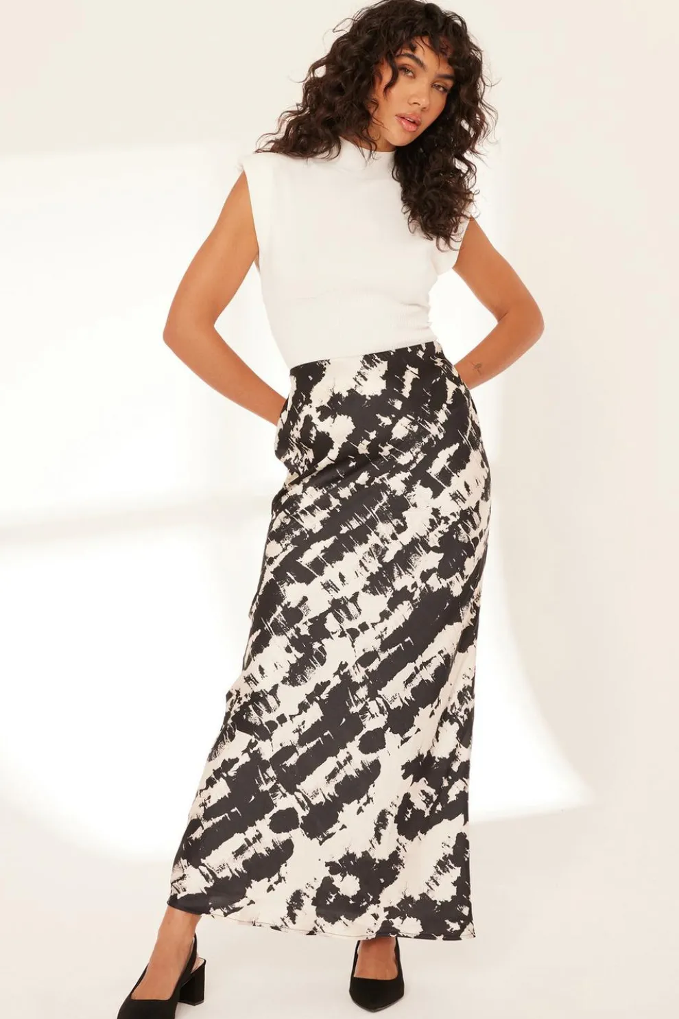 Black Satin Aztec Print Midaxi Skirt
