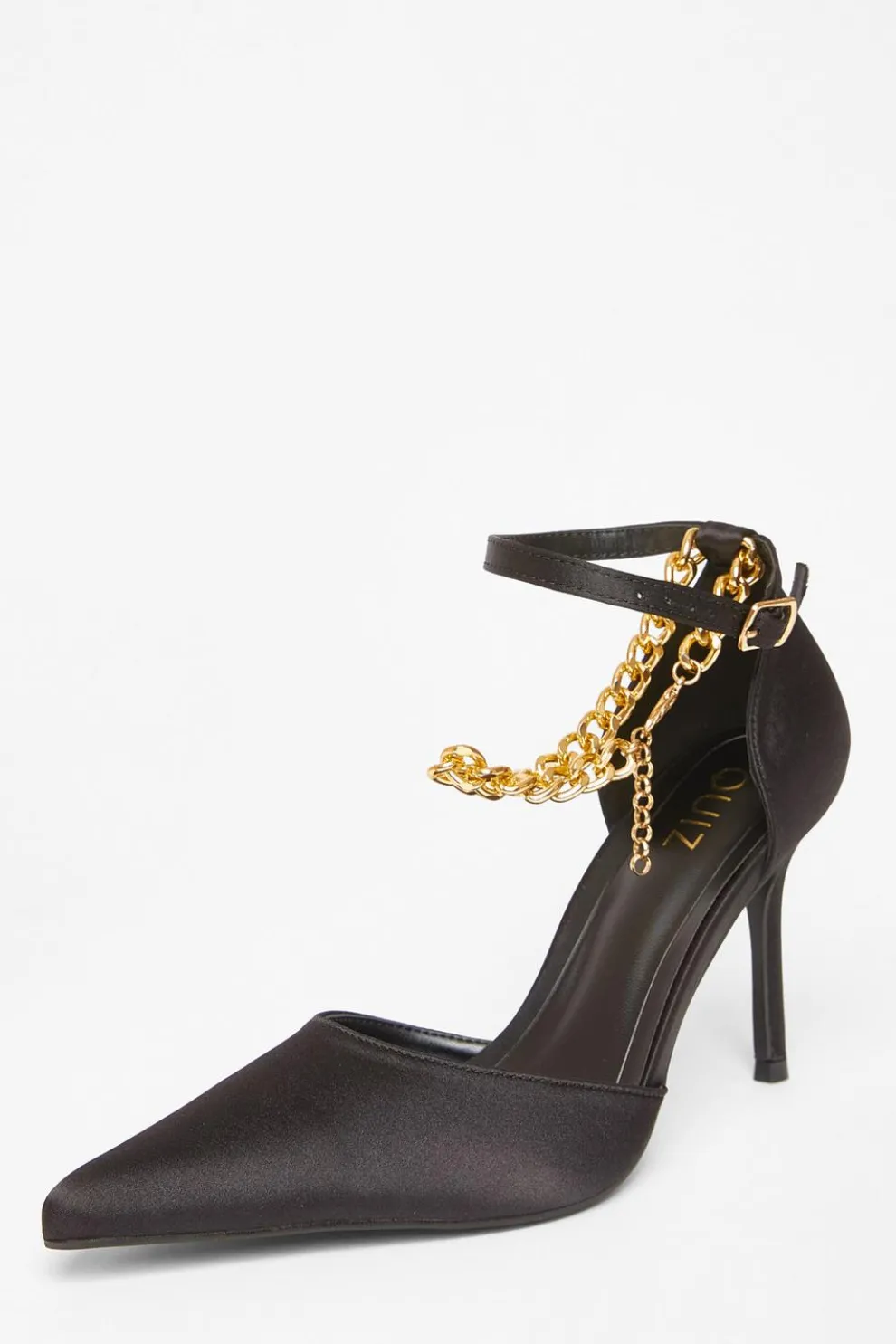 Black Satin Chain Strap Court Heels