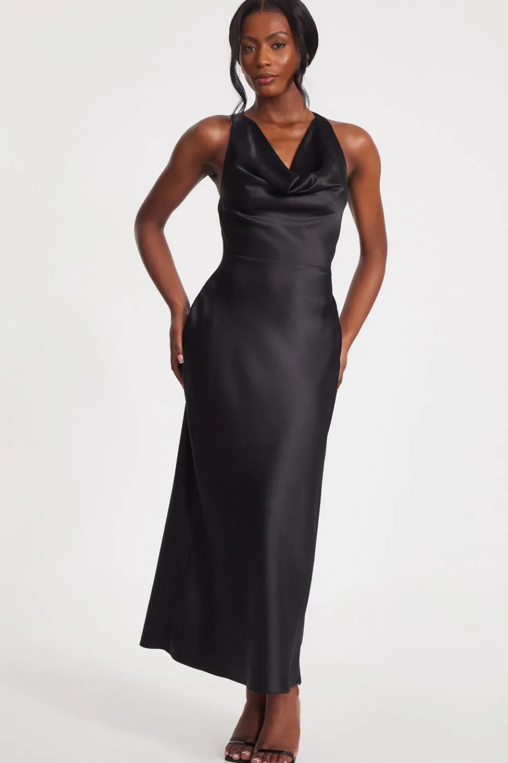 Black Satin Cowl Neck Midaxi Dress