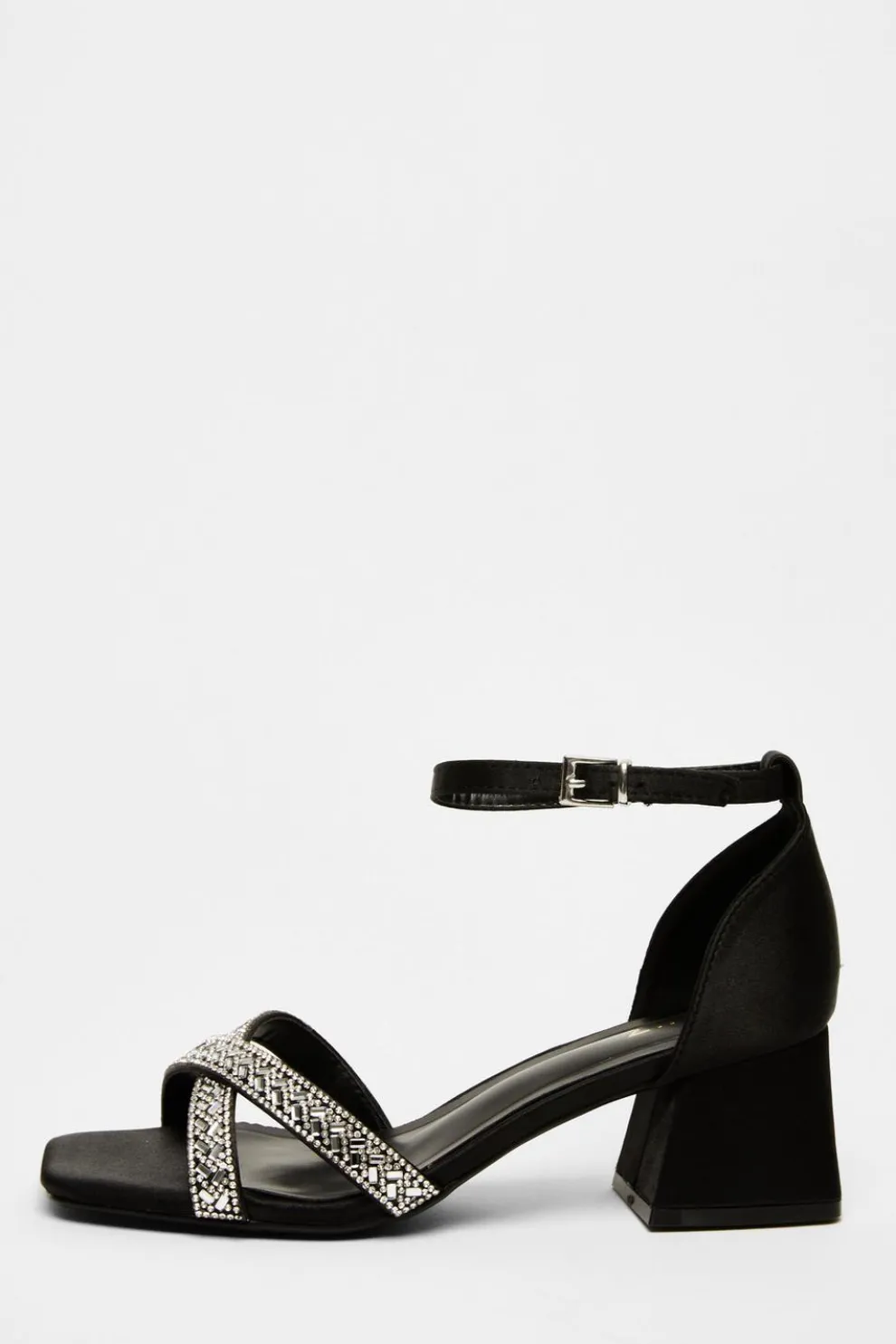 Black Satin Diamante Block Heels