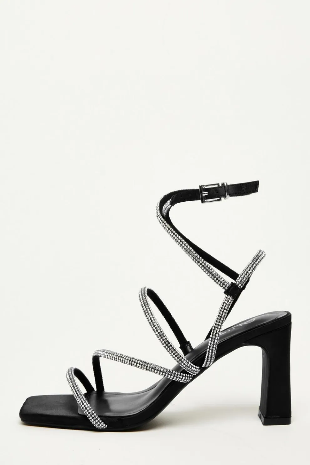 Black Satin Diamante Strappy Heels
