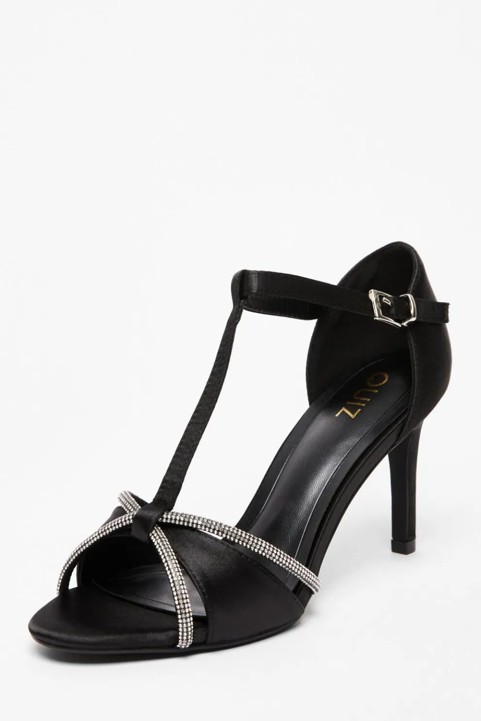 Black Satin Diamante T-Bar Heels