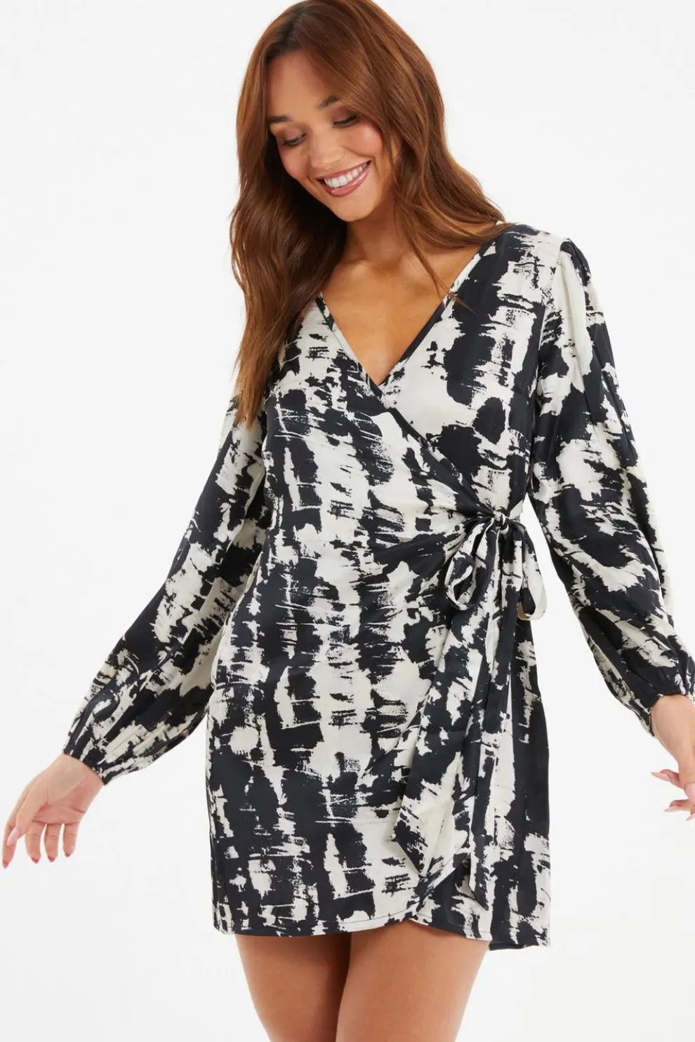 Black Satin Marble Print Wrap Dress