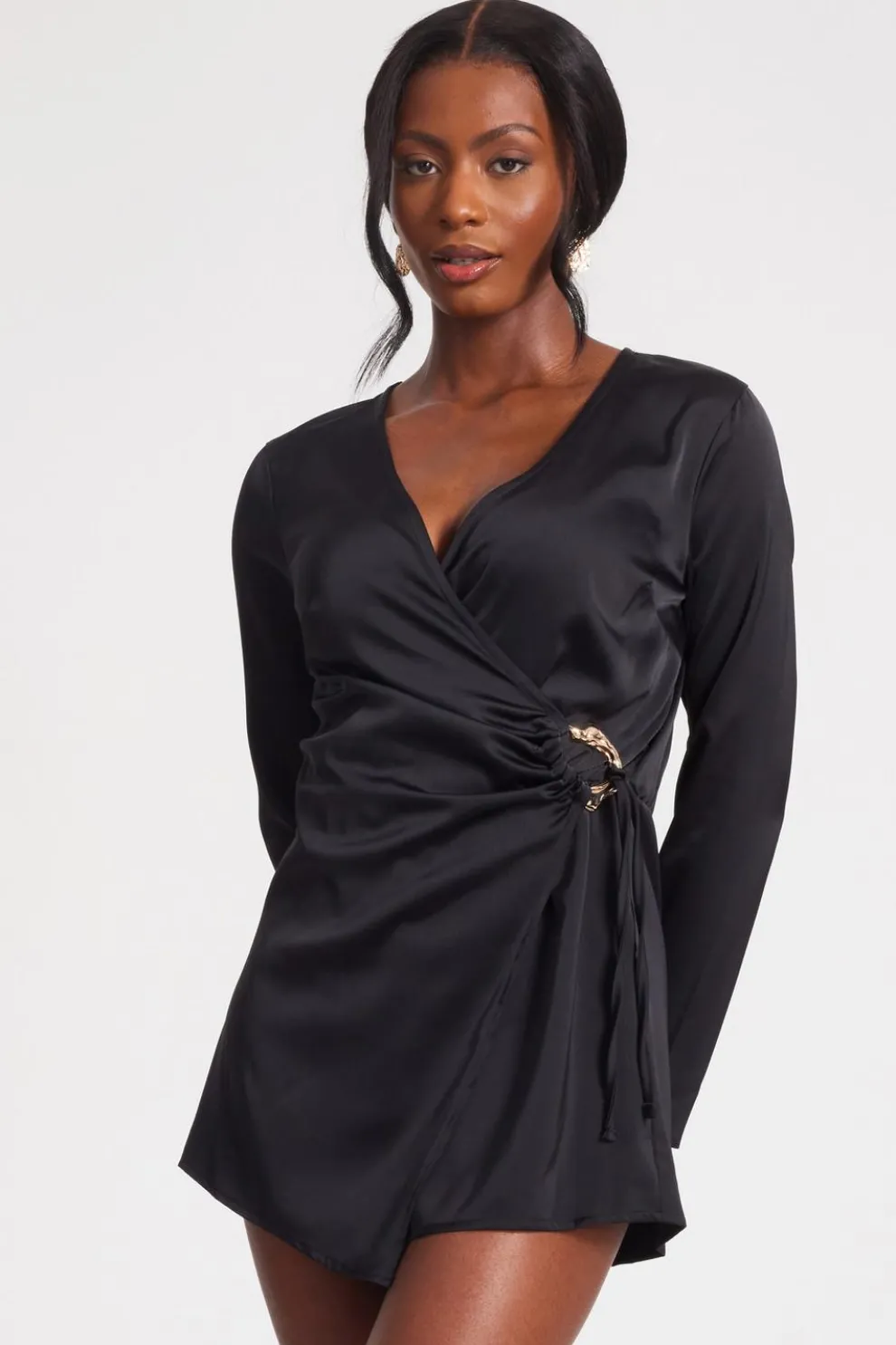 Black Satin Wrap Playsuit