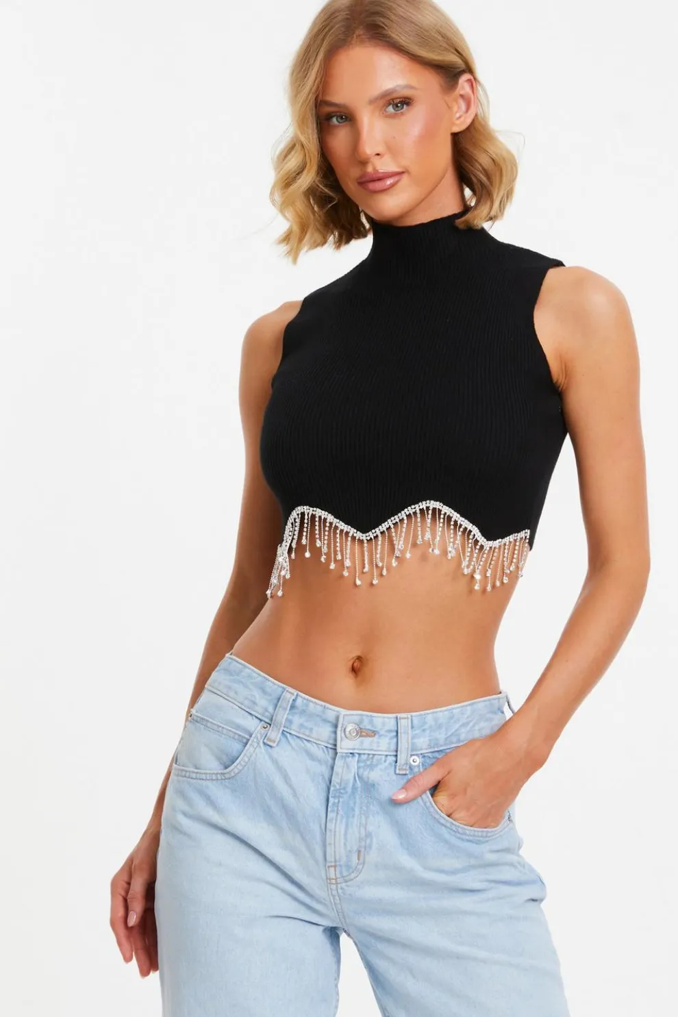 Black Scalloped Embellished Sleeveless Top