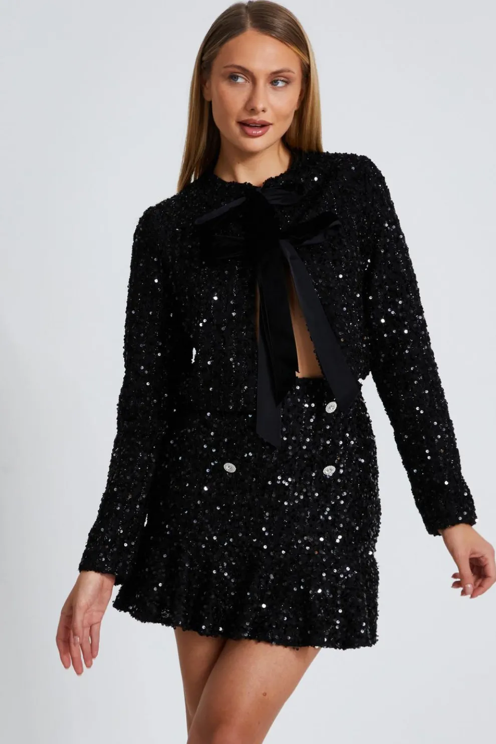 Black Sequin Boucle Cropped Jacket