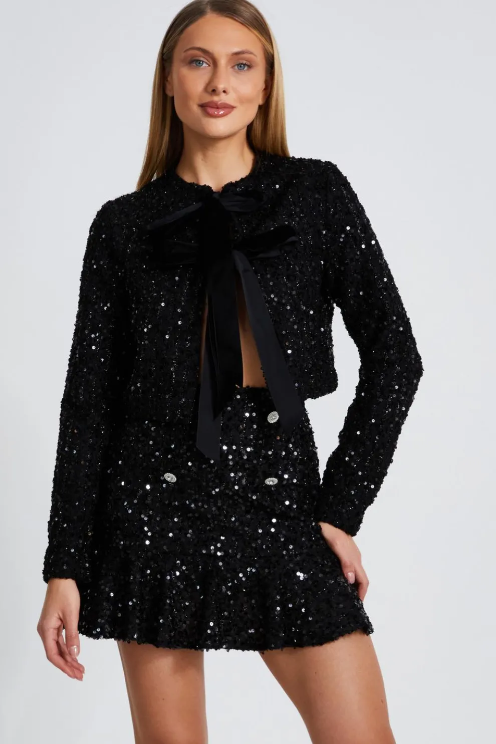 Black Sequin Frill Mini Skirt