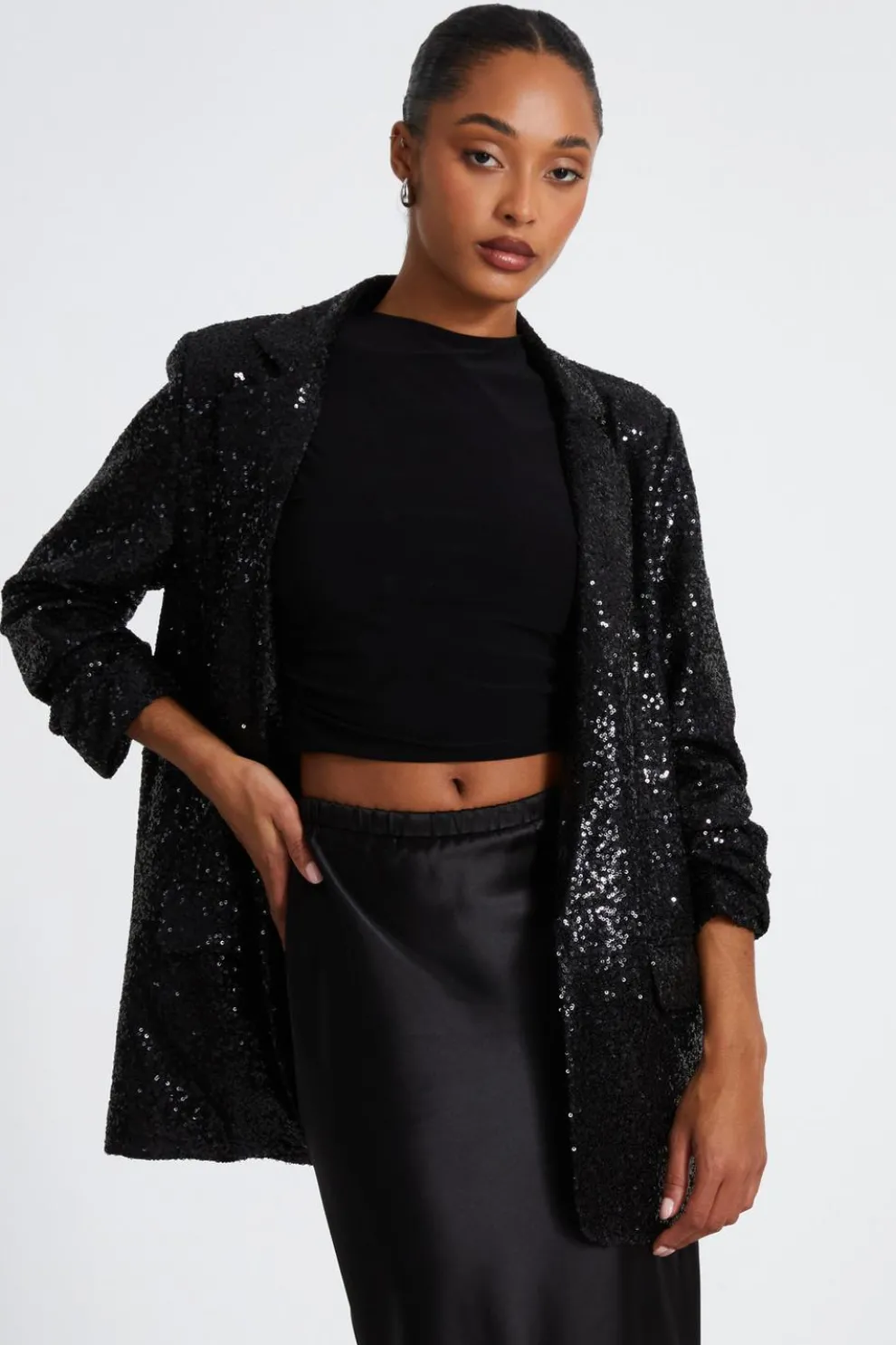 Black Sequin Ruched Blazer