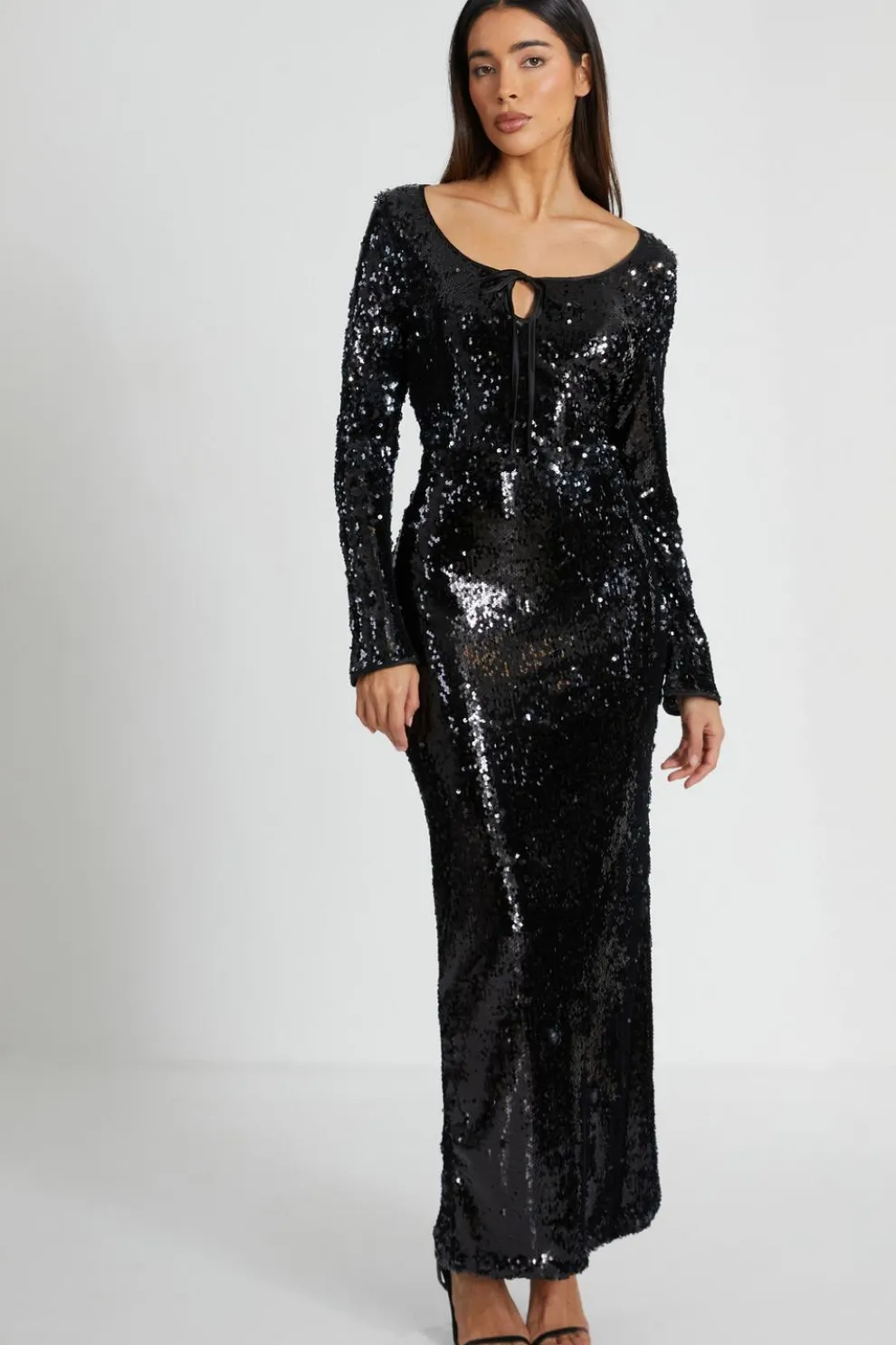 Black Sequin Tie Front Maxi Dress