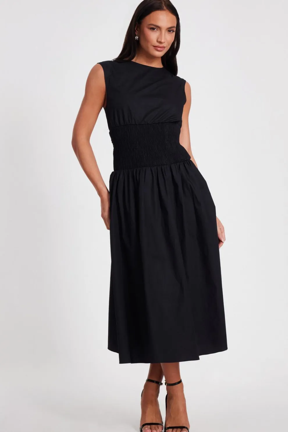 Black Shirred Waist Midaxi Dress