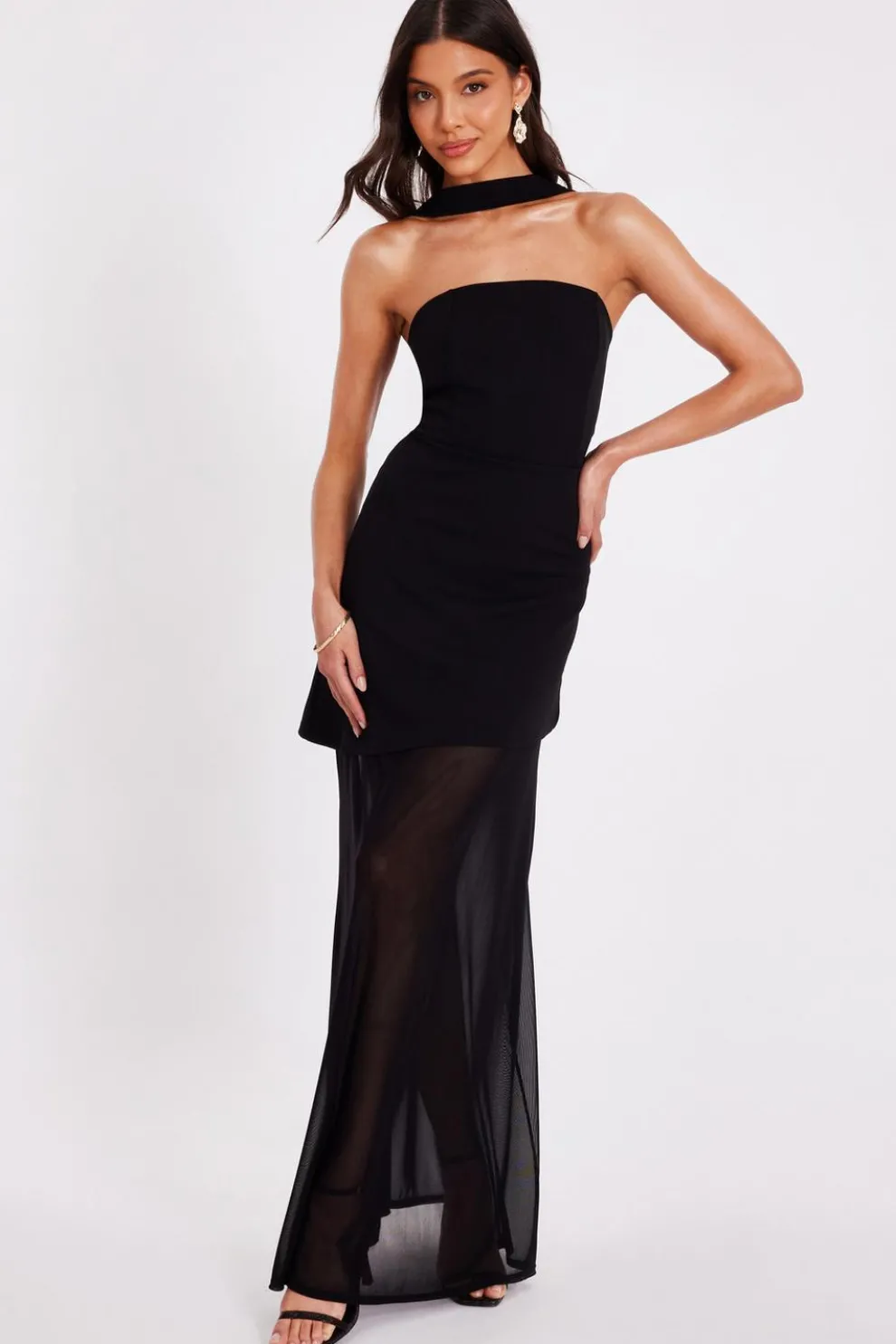 Black Strapless Mesh Hem Maxi Dress