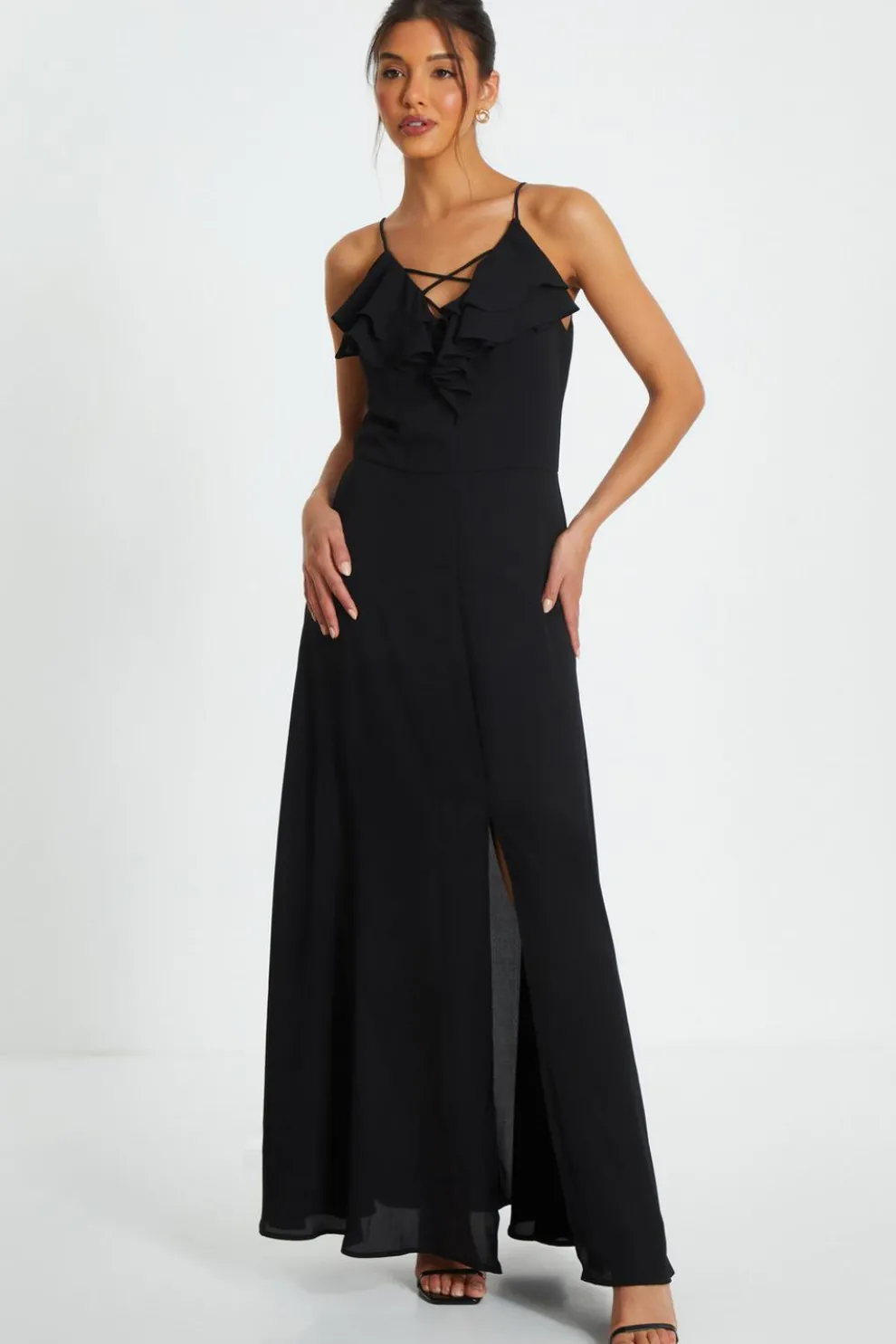 Black Strappy Ruffle Chiffon Maxi Dress