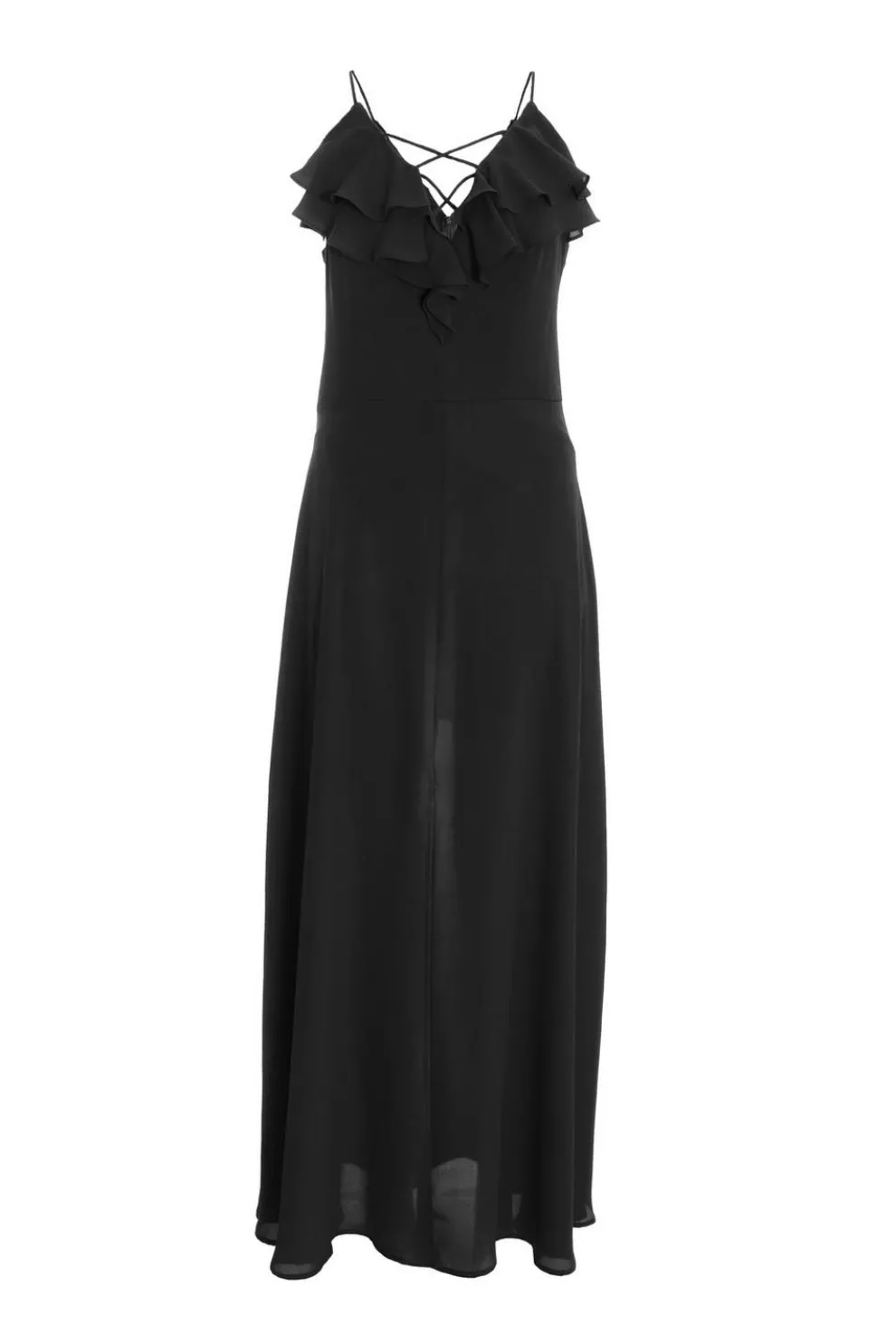 Black Strappy Ruffle Chiffon Maxi Dress