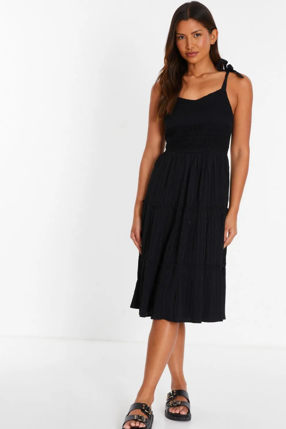 Black Strappy Tiered Midi Dress
