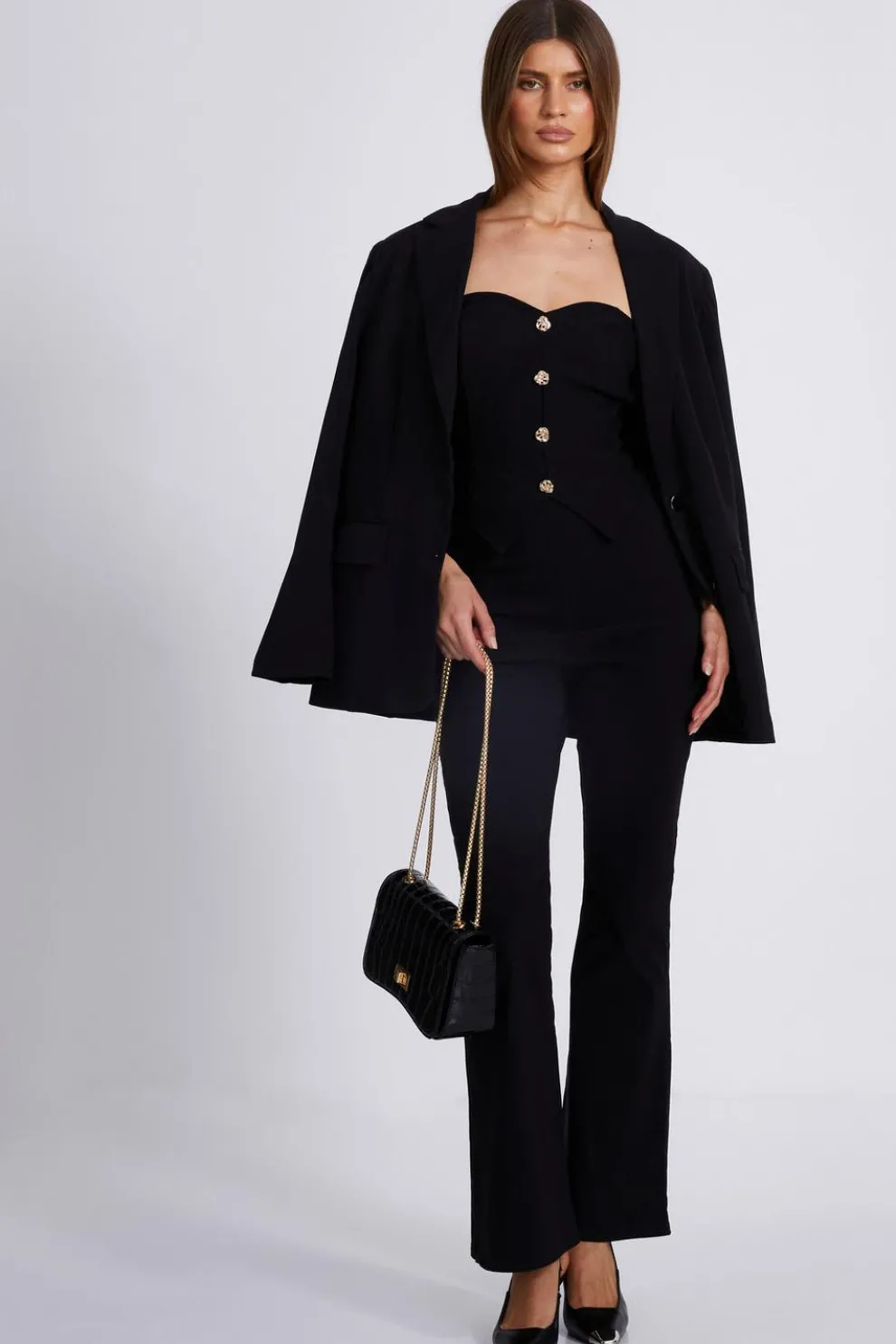 Black Textured Button Front Top